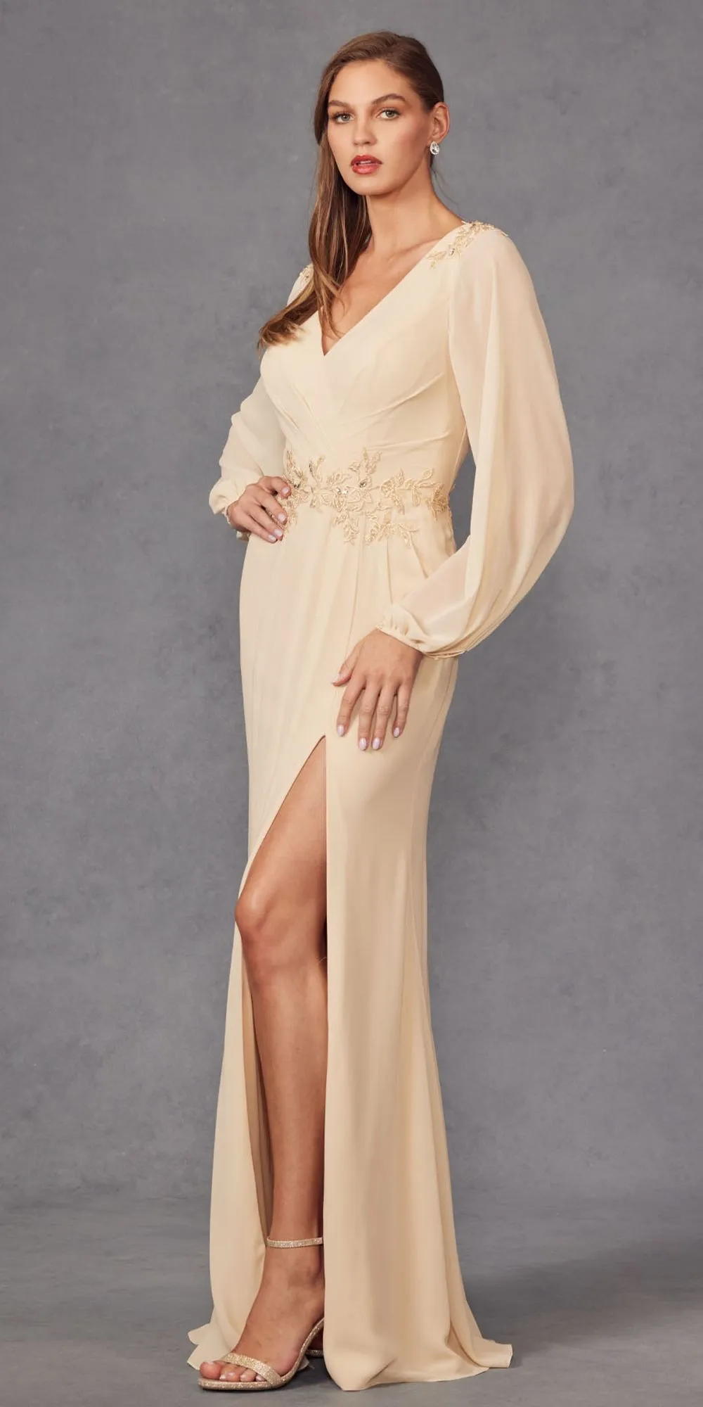 Juliet JTM16A Long Sleeve V-Neck Embroidered Applique Evening Gown