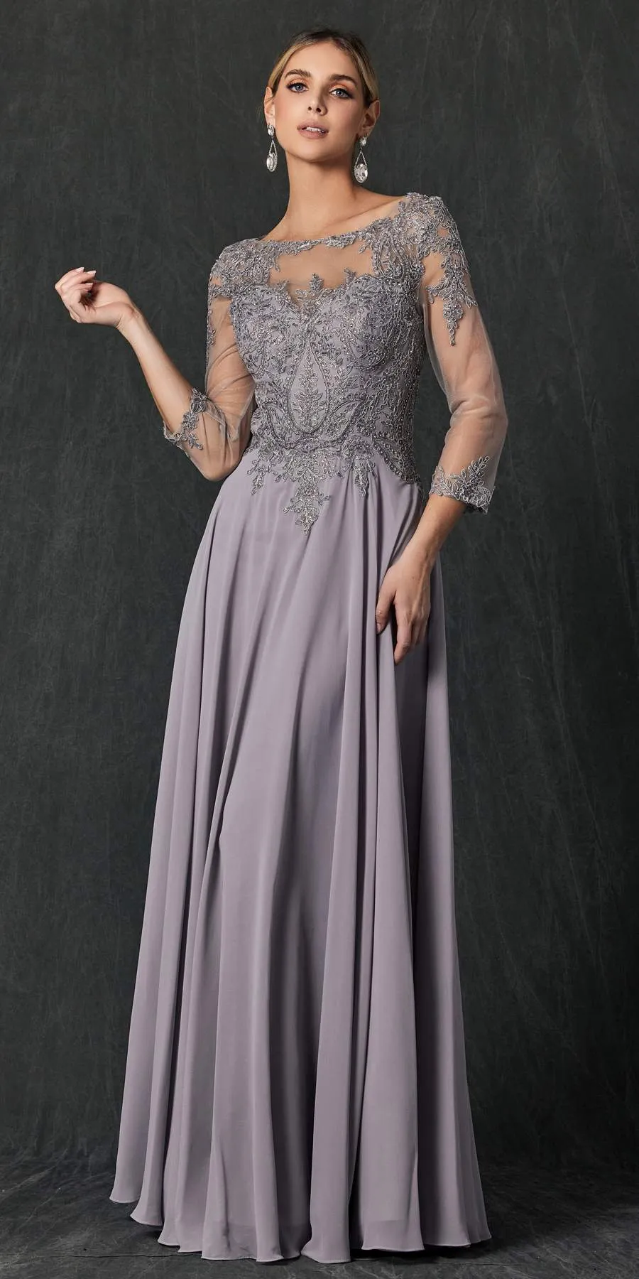 Juliet M12 Quarter Sleeved Embroidered Long A-Line Chiffon Dress
