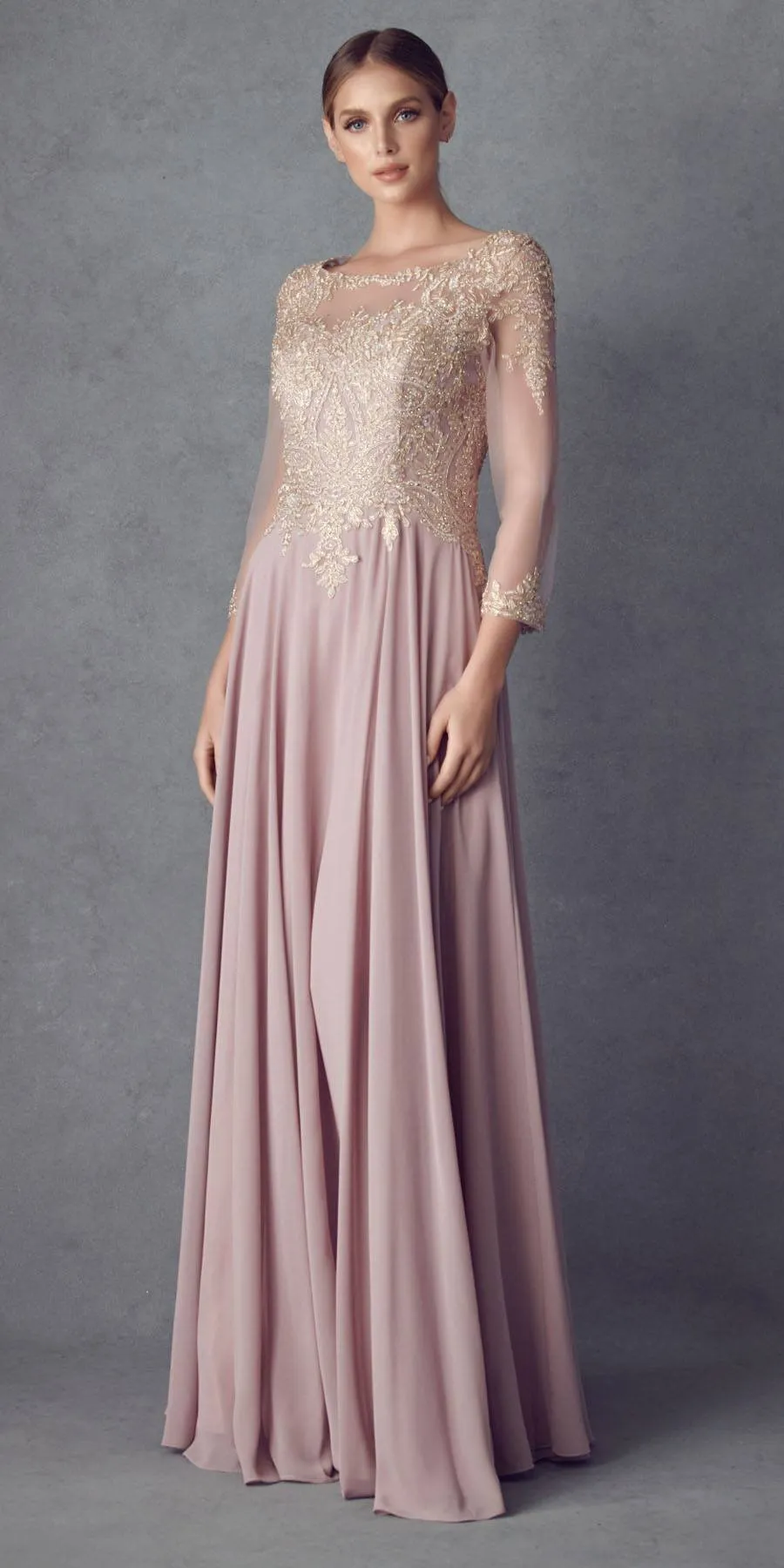 Juliet M12 Quarter Sleeved Embroidered Long A-Line Chiffon Dress