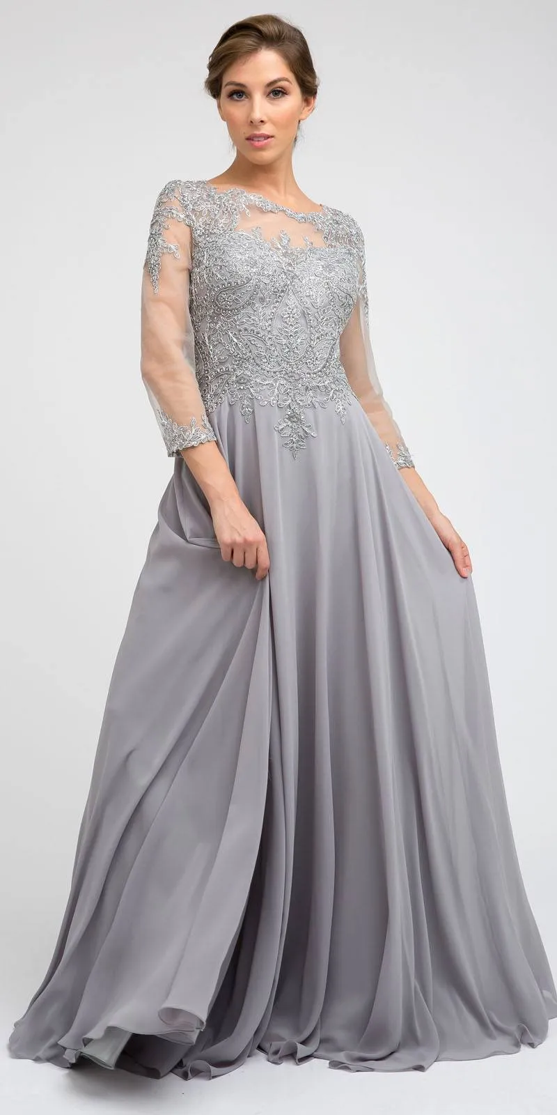Juliet M12 Quarter Sleeved Embroidered Long A-Line Chiffon Dress