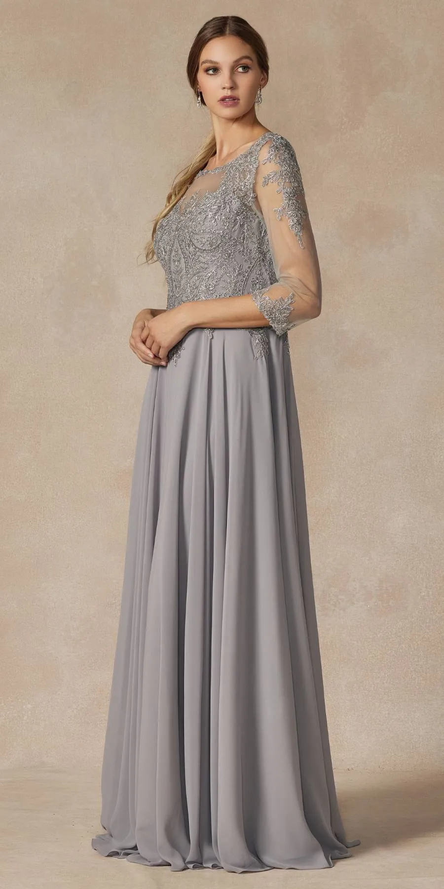 Juliet M12 Quarter Sleeved Embroidered Long A-Line Chiffon Dress