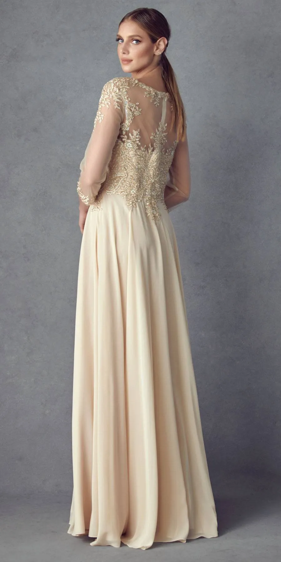 Juliet M12 Quarter Sleeved Embroidered Long A-Line Chiffon Dress