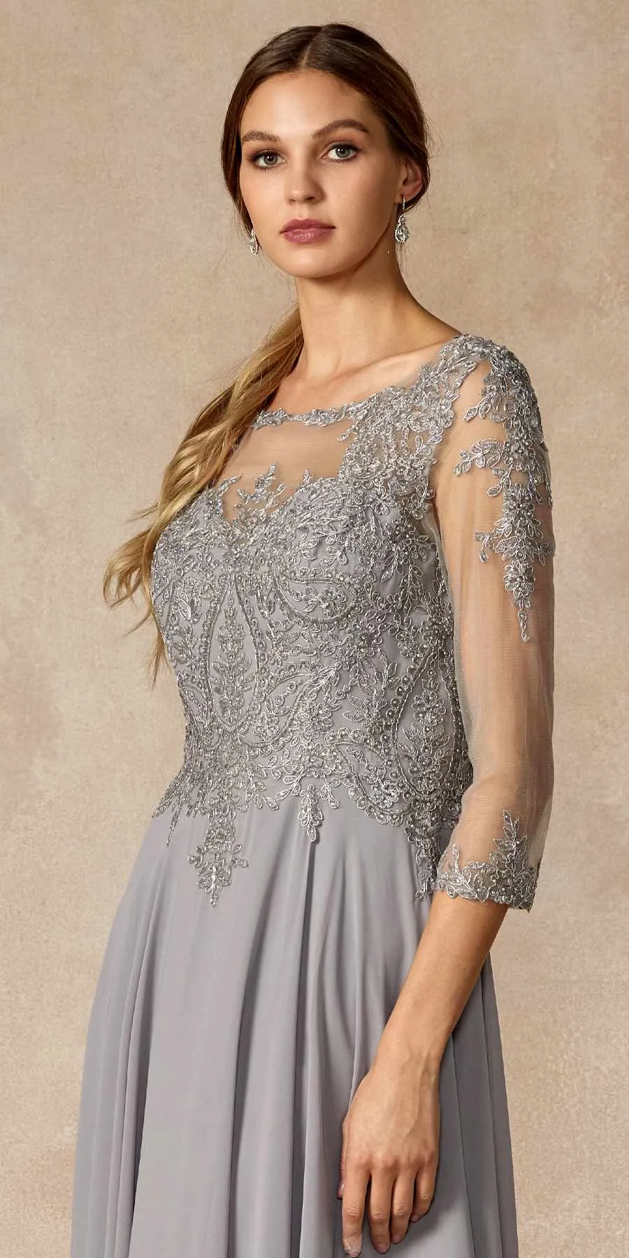 Juliet M12 Quarter Sleeved Embroidered Long A-Line Chiffon Dress