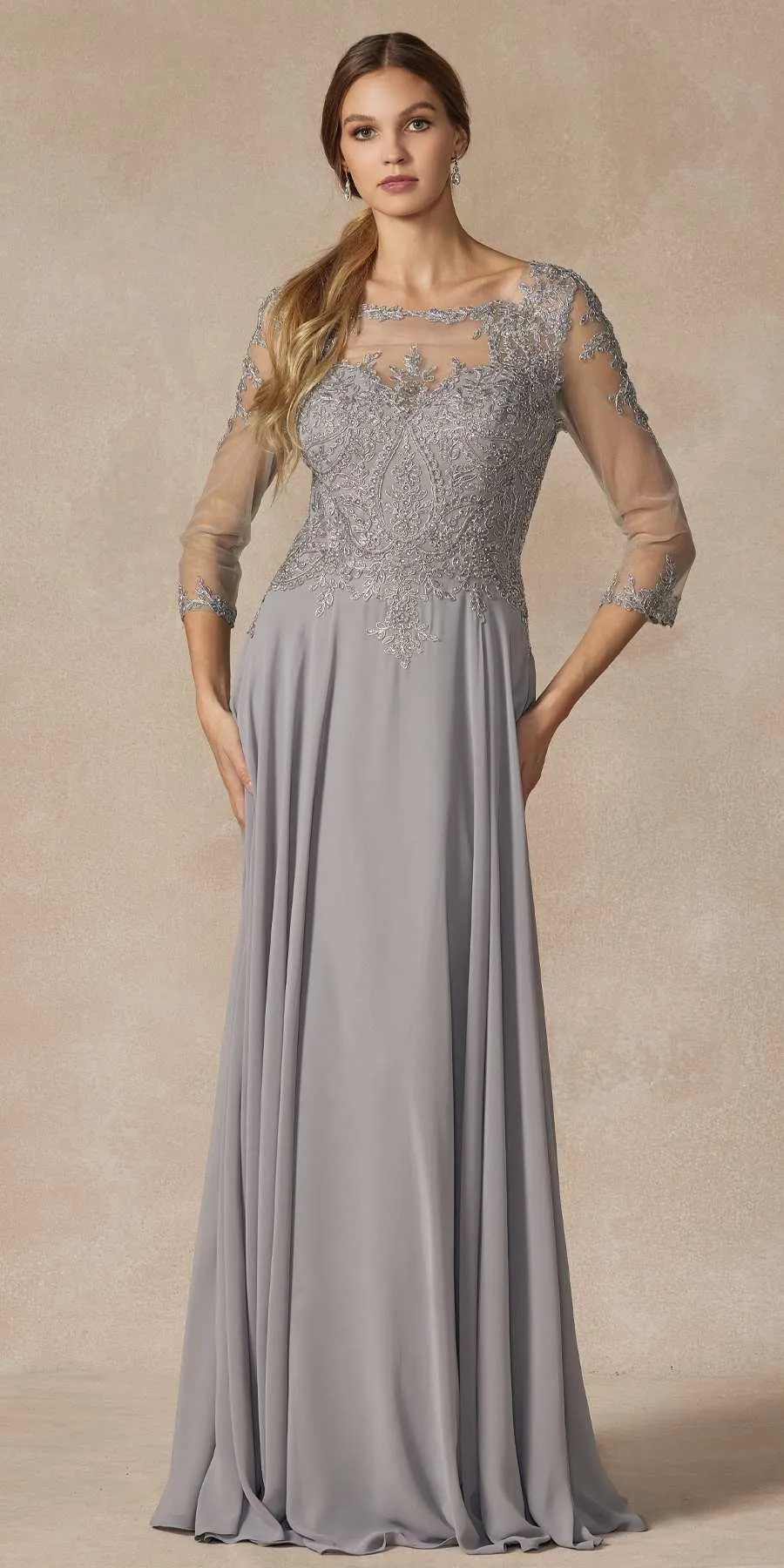 Juliet M12 Quarter Sleeved Embroidered Long A-Line Chiffon Dress