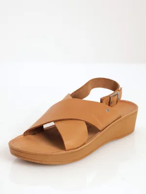 Ladies Chloe Leather Mule Wedge Sandal - Tan