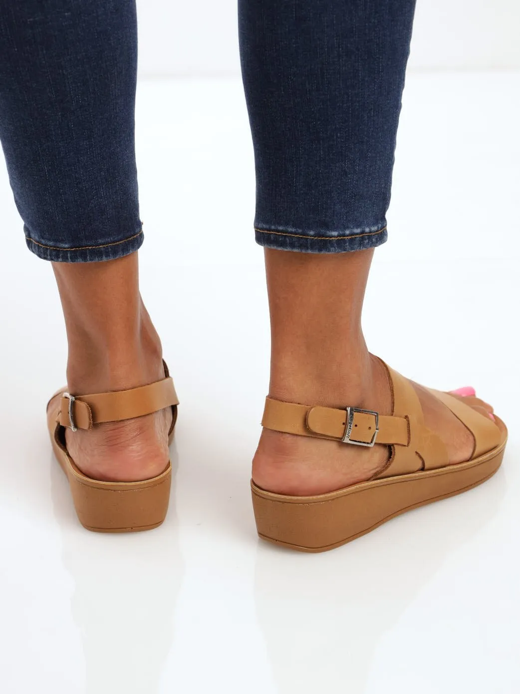 Ladies Leather Tanya Ankle Strap Wedge Sandal - Tan