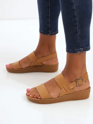 Ladies Leather Tanya Ankle Strap Wedge Sandal - Tan