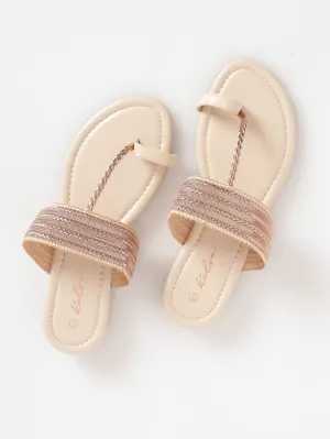 Ladies Mini-Wedge Weaved Toe Post Thong Sandal - Oatmeal