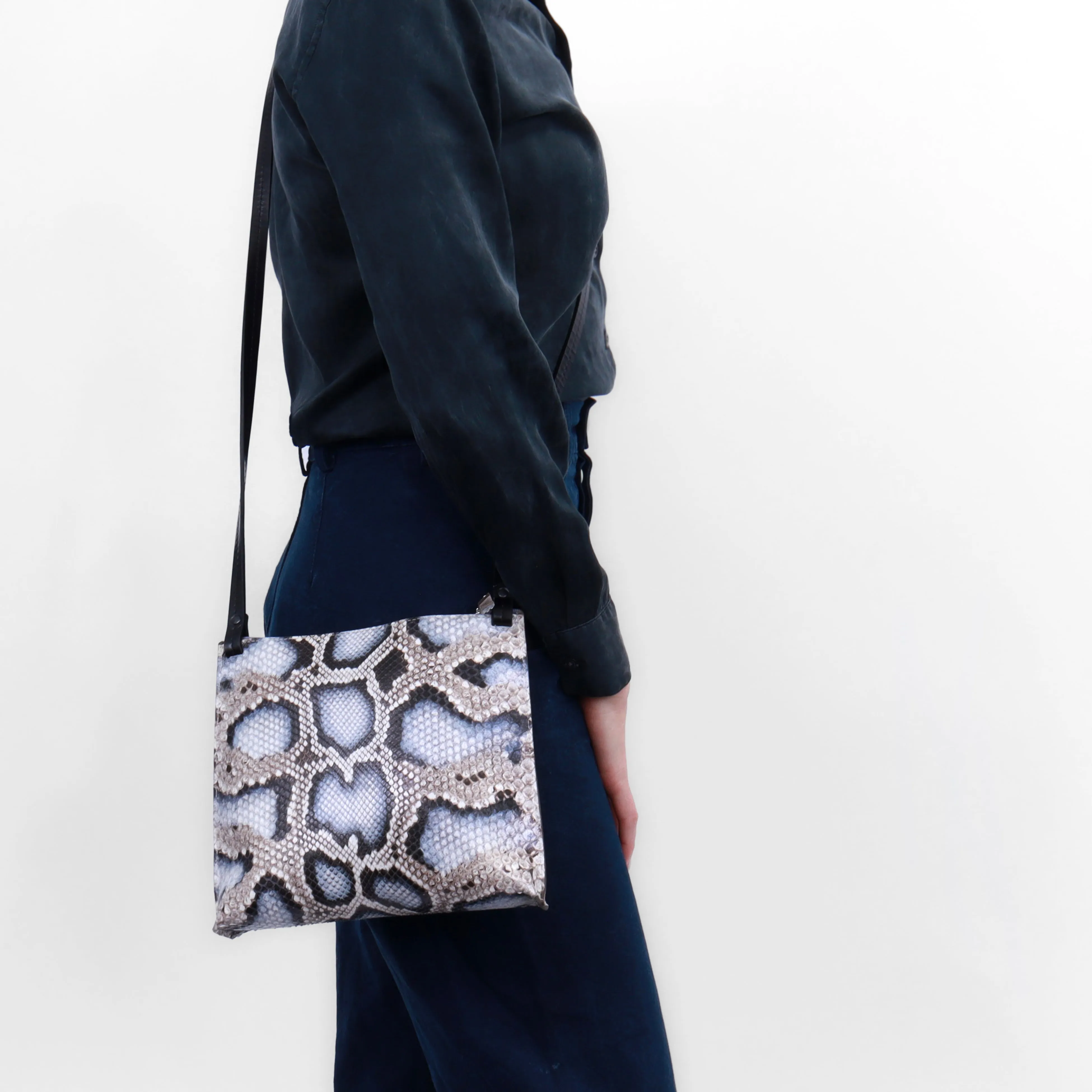 LARGE STRAPPY POUCH NAVY EMBOSSED CROC