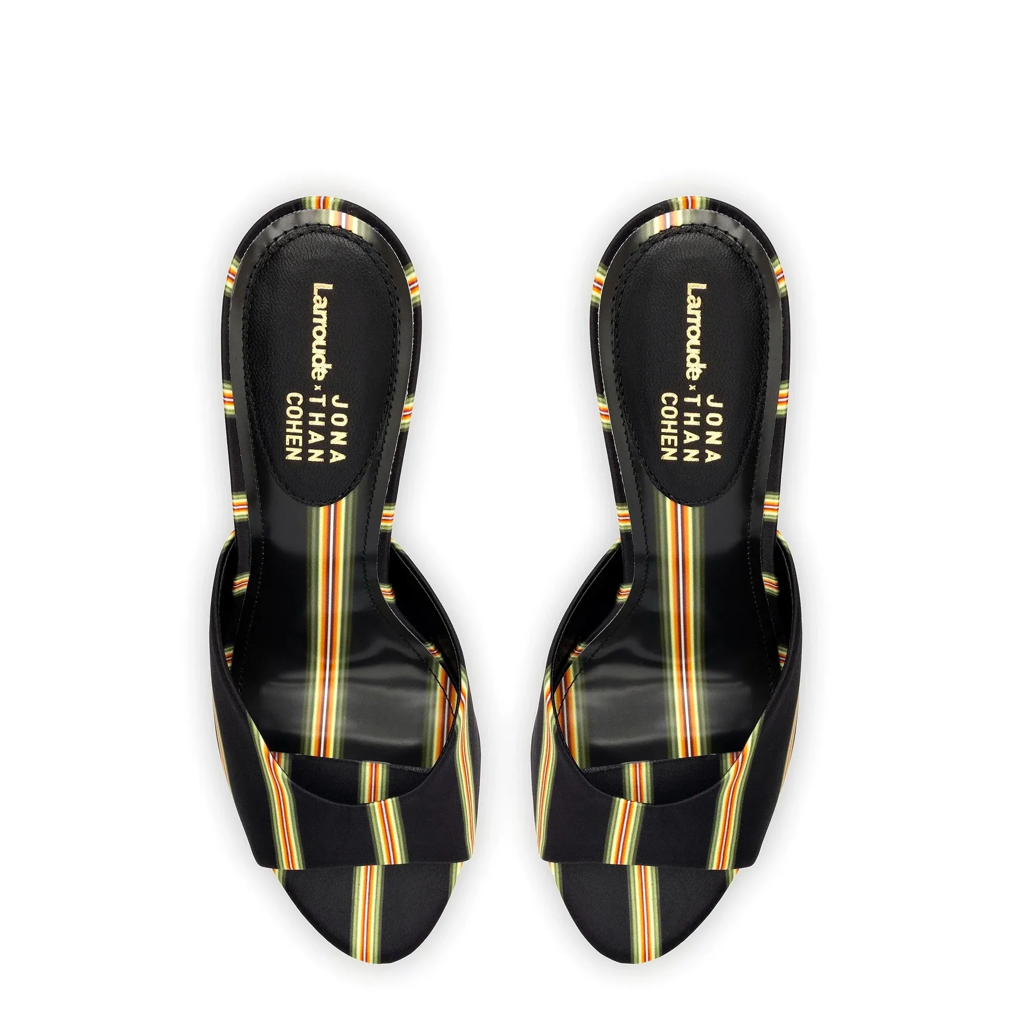 Larroude x Jonathan Cohen Mule In Black Striped Satin