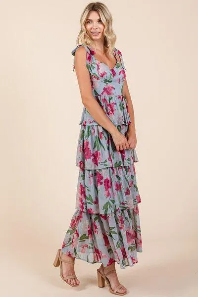 Layered Floral Sweetheart Neck Maxi Dress