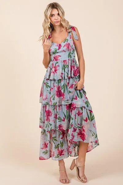 Layered Floral Sweetheart Neck Maxi Dress