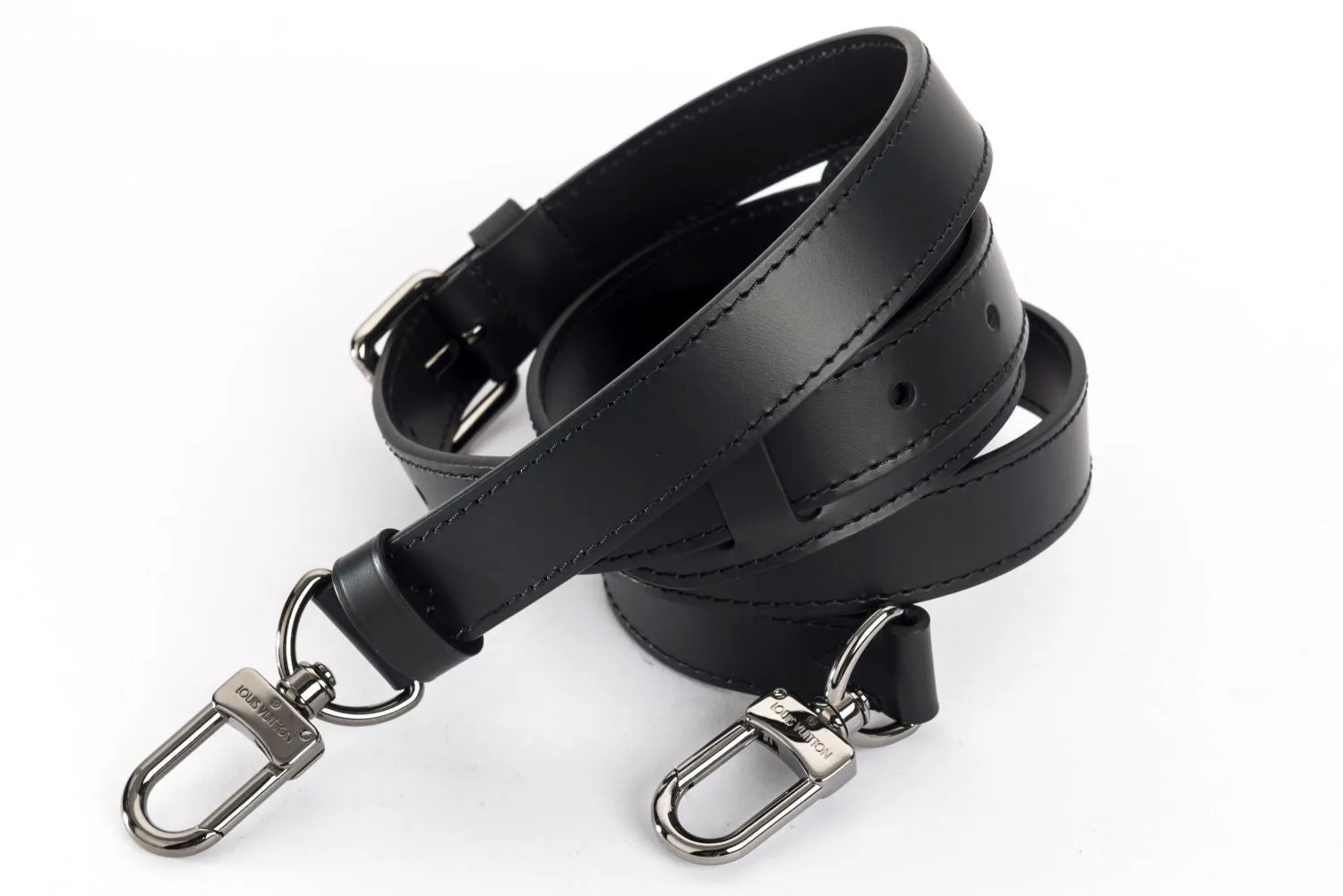 Louis Vuitton Black Leather width 25mm Adjustable Strap, Silver Hardware
