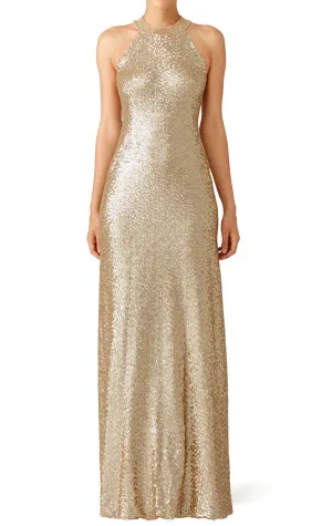 MACloth High Neck Sequin Evening Formal Gown Champagne Bridesmaid Dress