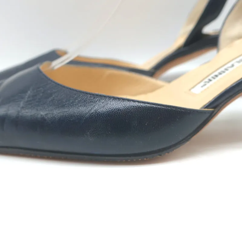 Manolo Blahnik Carolyne 50 Kitten Heel Slingback Pumps Dark Navy Leather Size 37