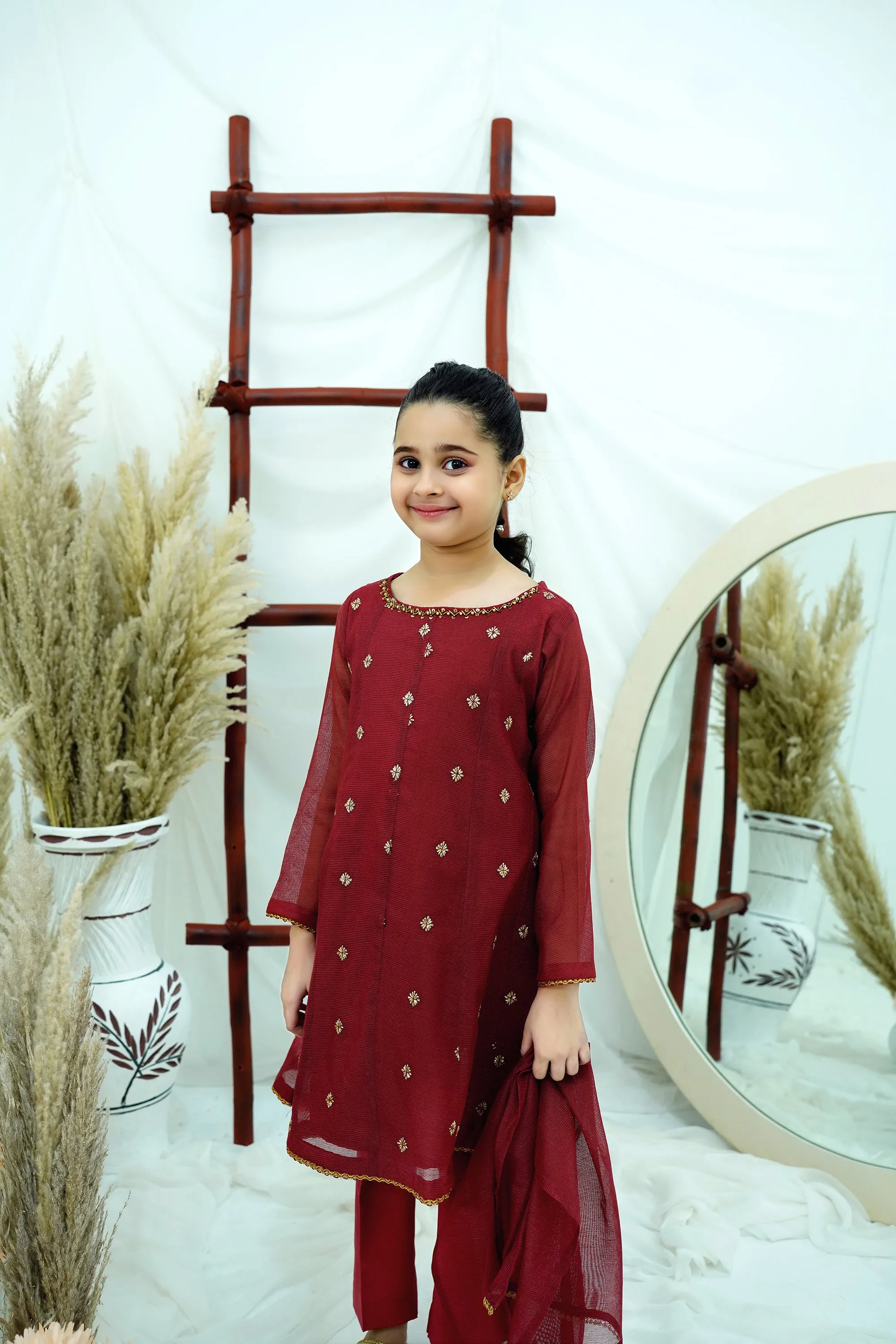 Maroon Embroidered Khadi net