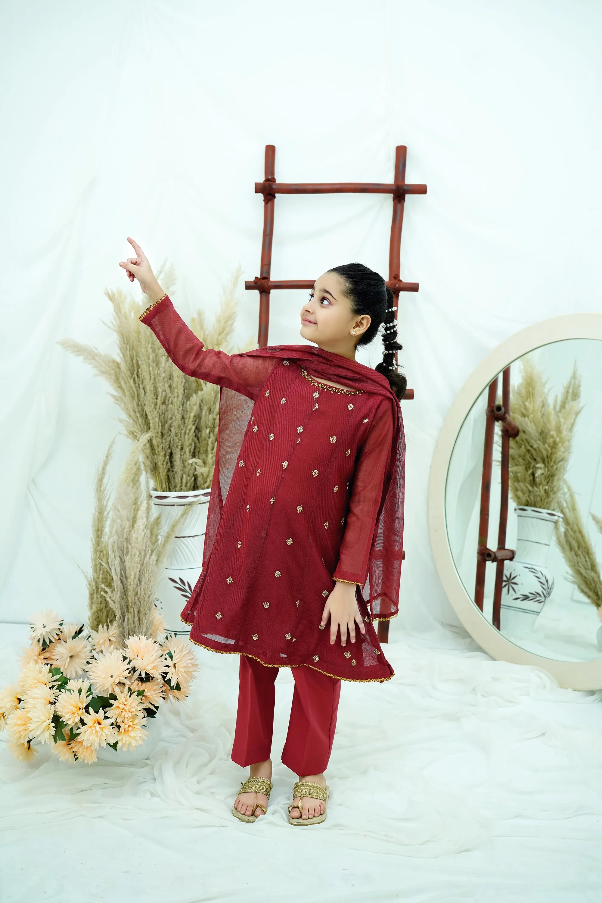 Maroon Embroidered Khadi net