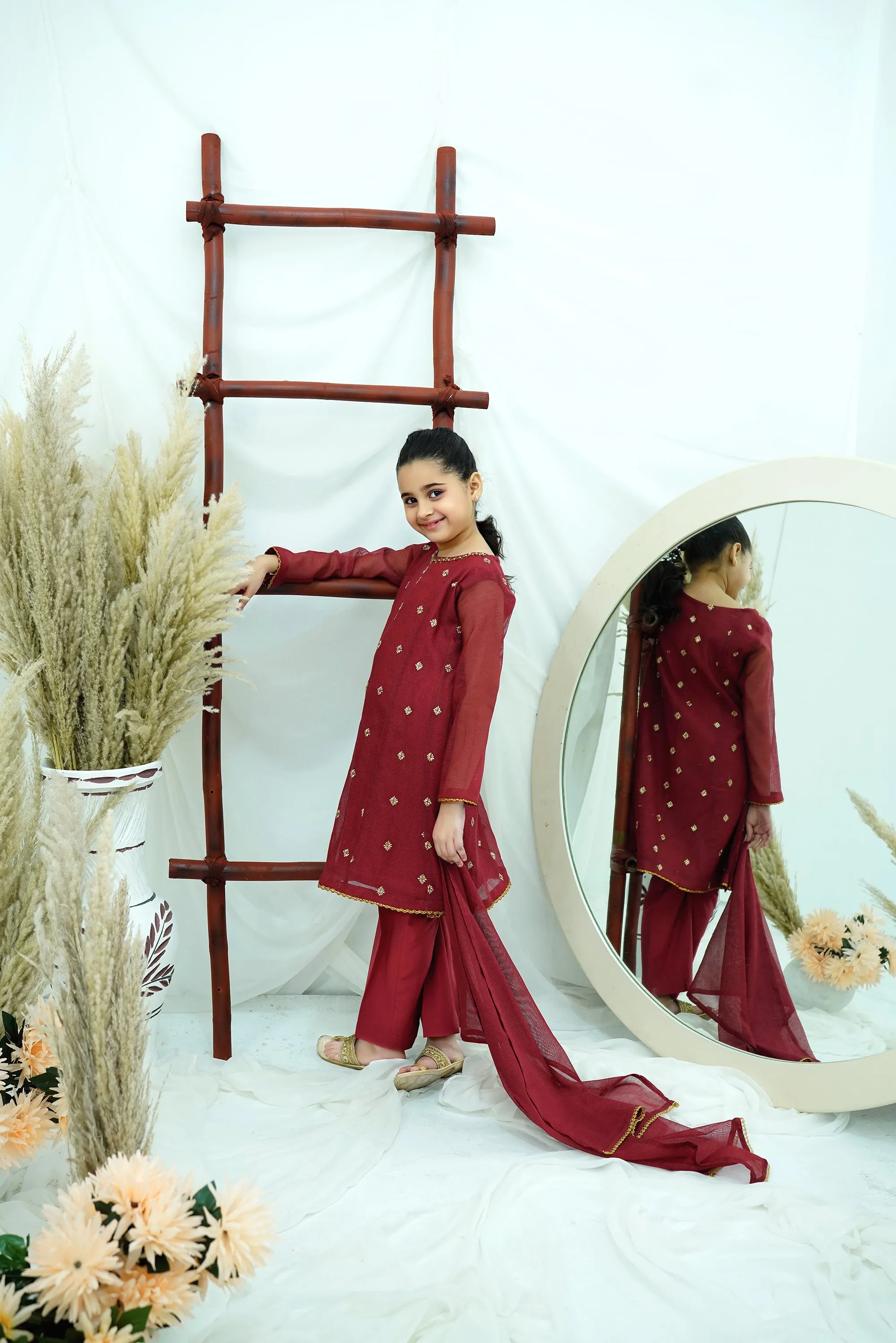 Maroon Embroidered Khadi net