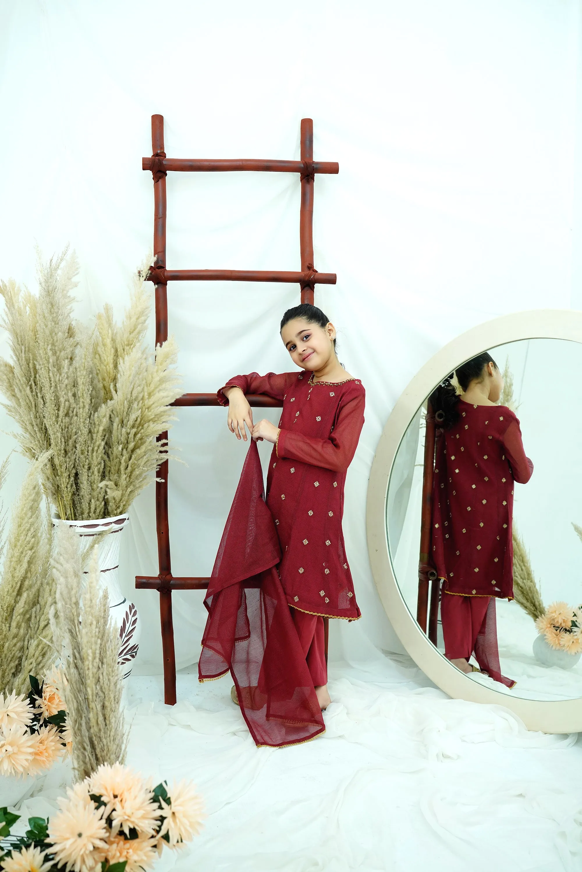 Maroon Embroidered Khadi net