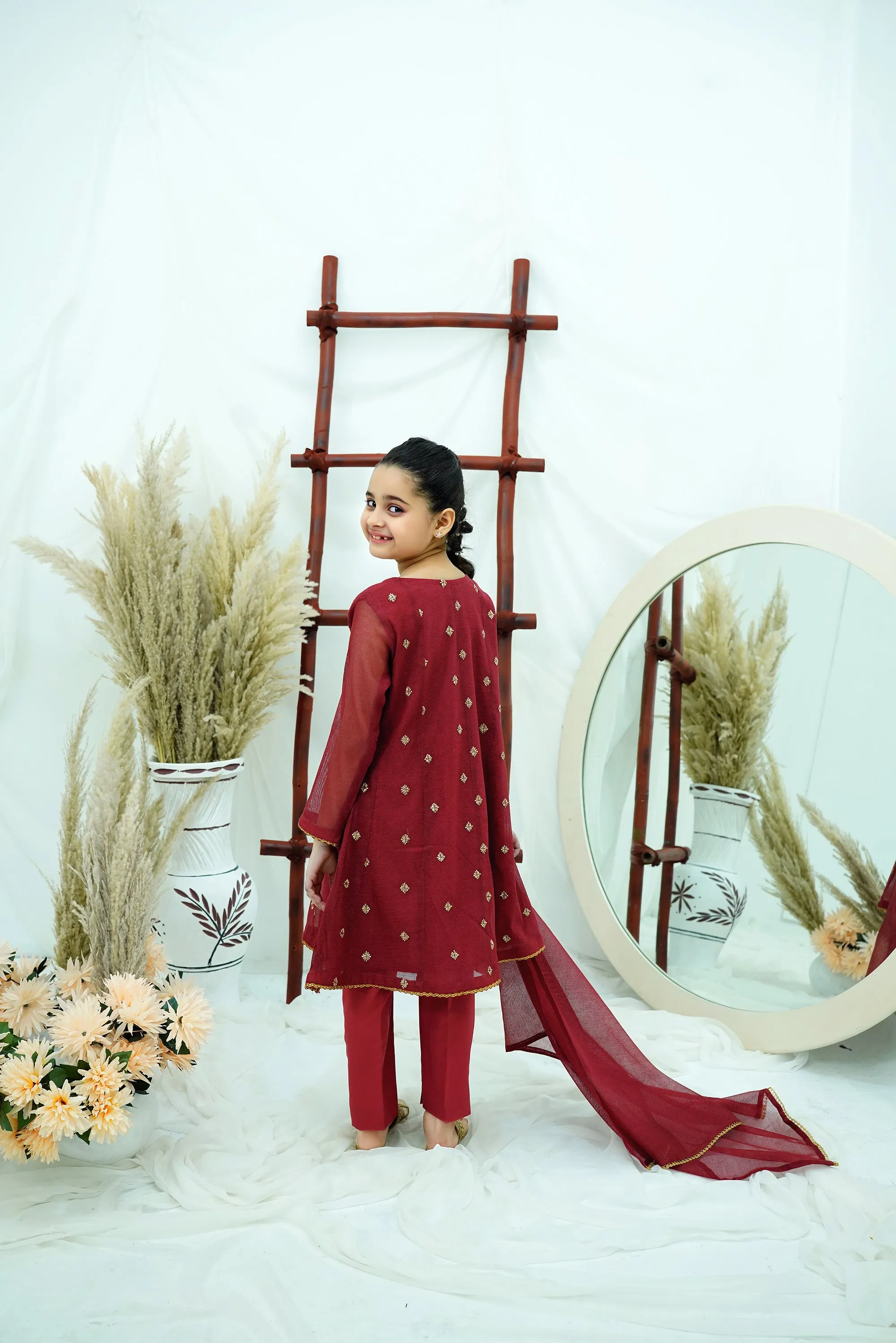Maroon Embroidered Khadi net