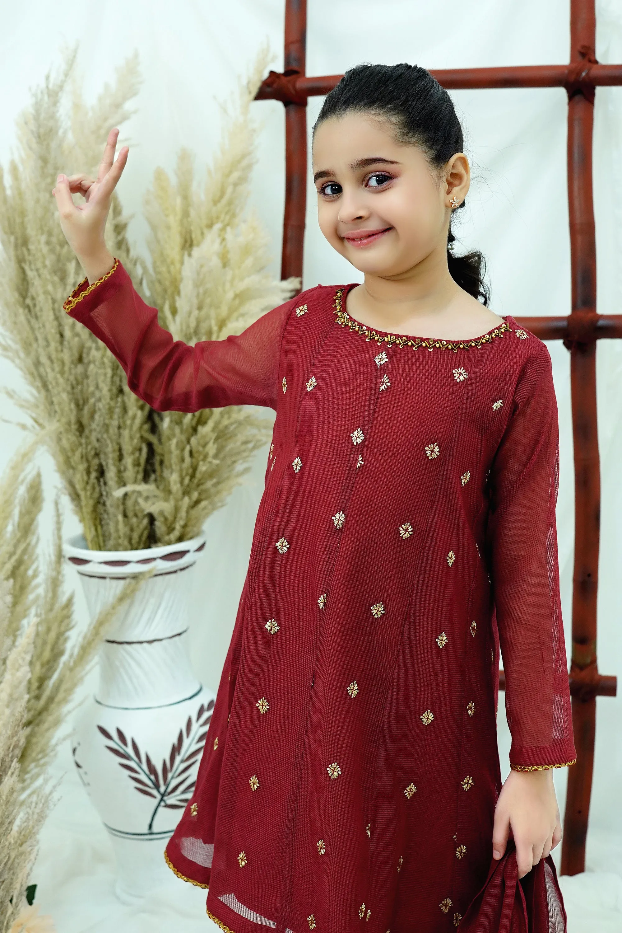 Maroon Embroidered Khadi net