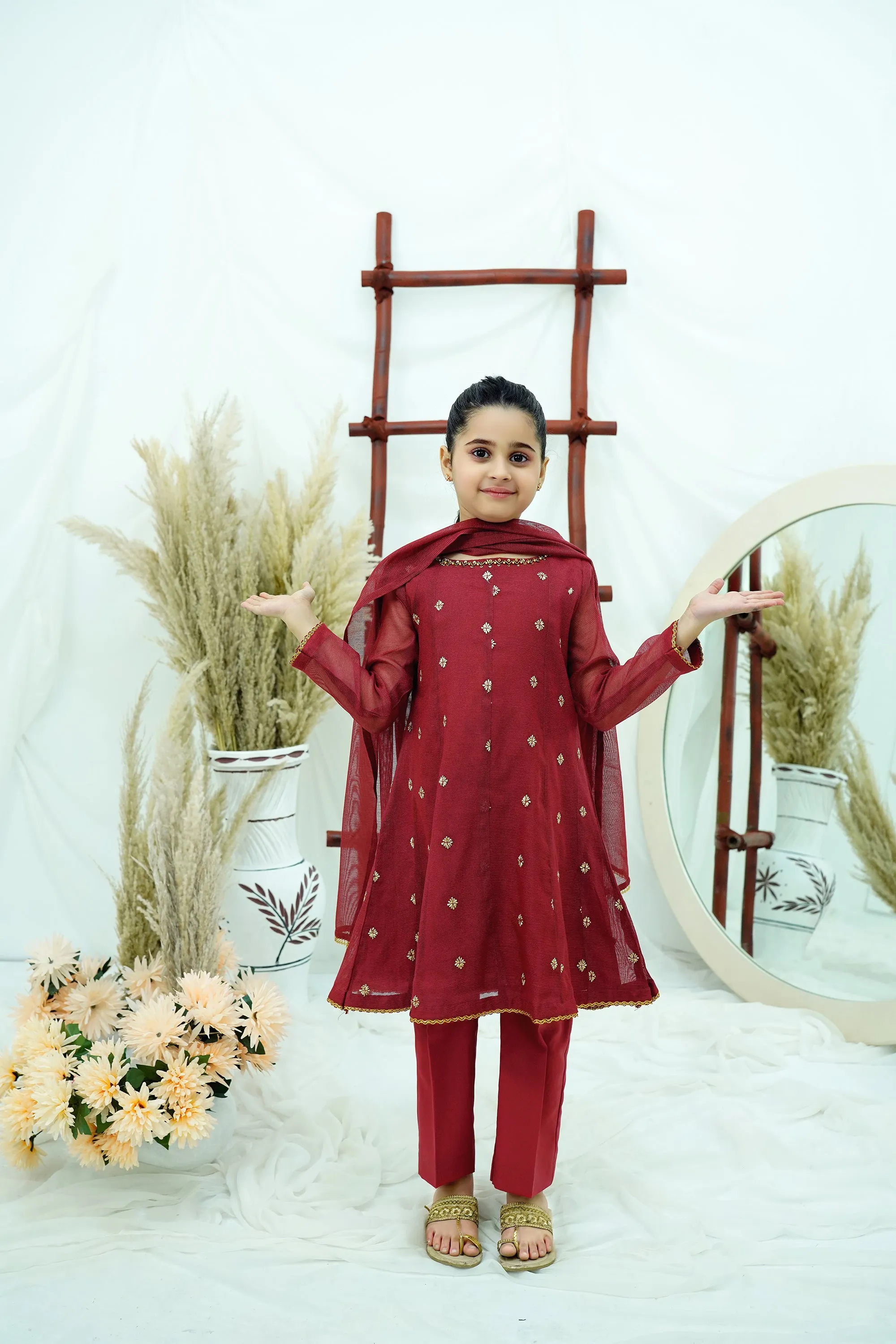 Maroon Embroidered Khadi net