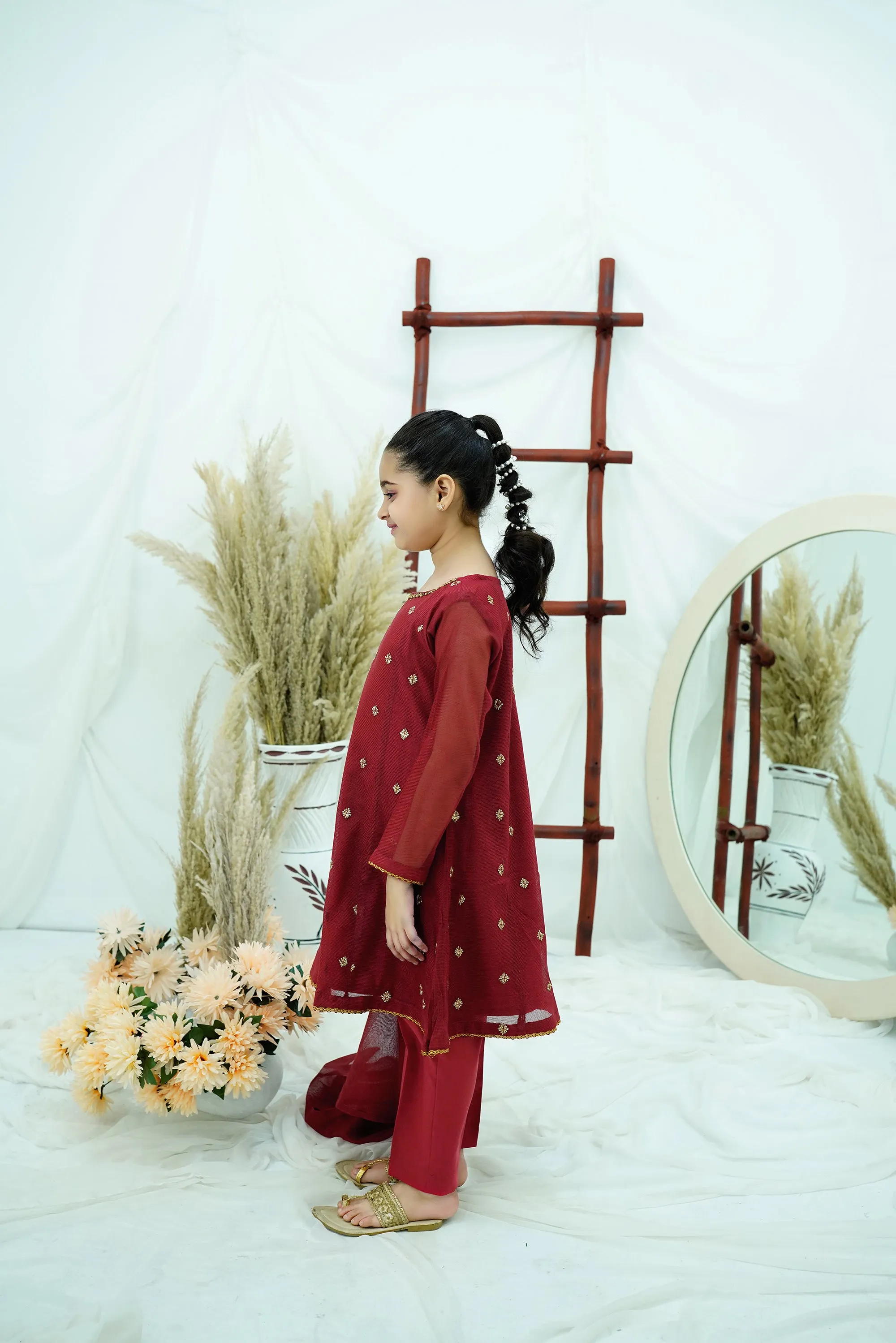 Maroon Embroidered Khadi net