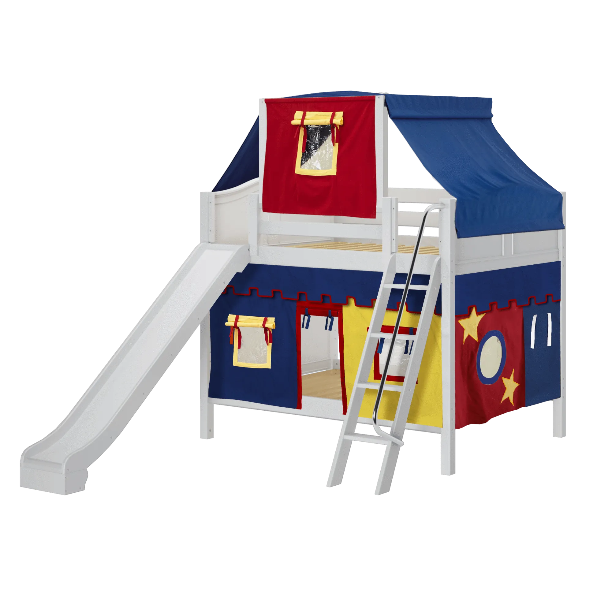 Maxtrix Full Medium Bunk Bed with Angled Ladder, Curtain, Top Tent   Slide