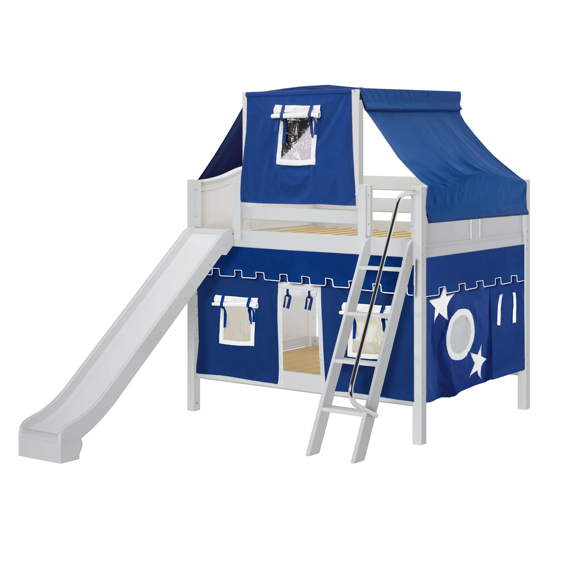 Maxtrix Full Medium Bunk Bed with Angled Ladder, Curtain, Top Tent   Slide
