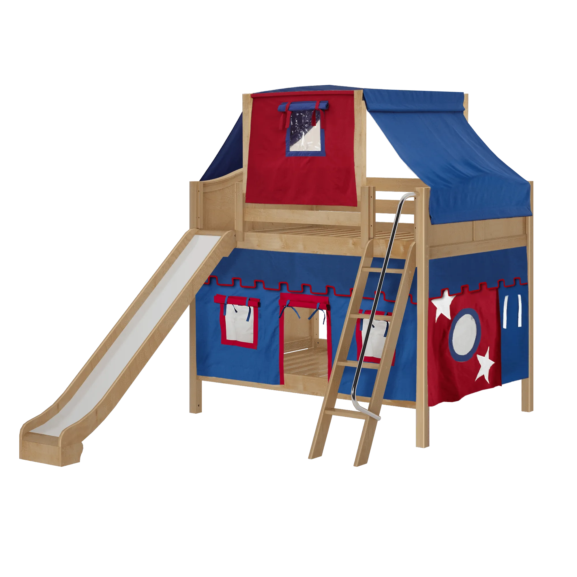 Maxtrix Full Medium Bunk Bed with Angled Ladder, Curtain, Top Tent   Slide