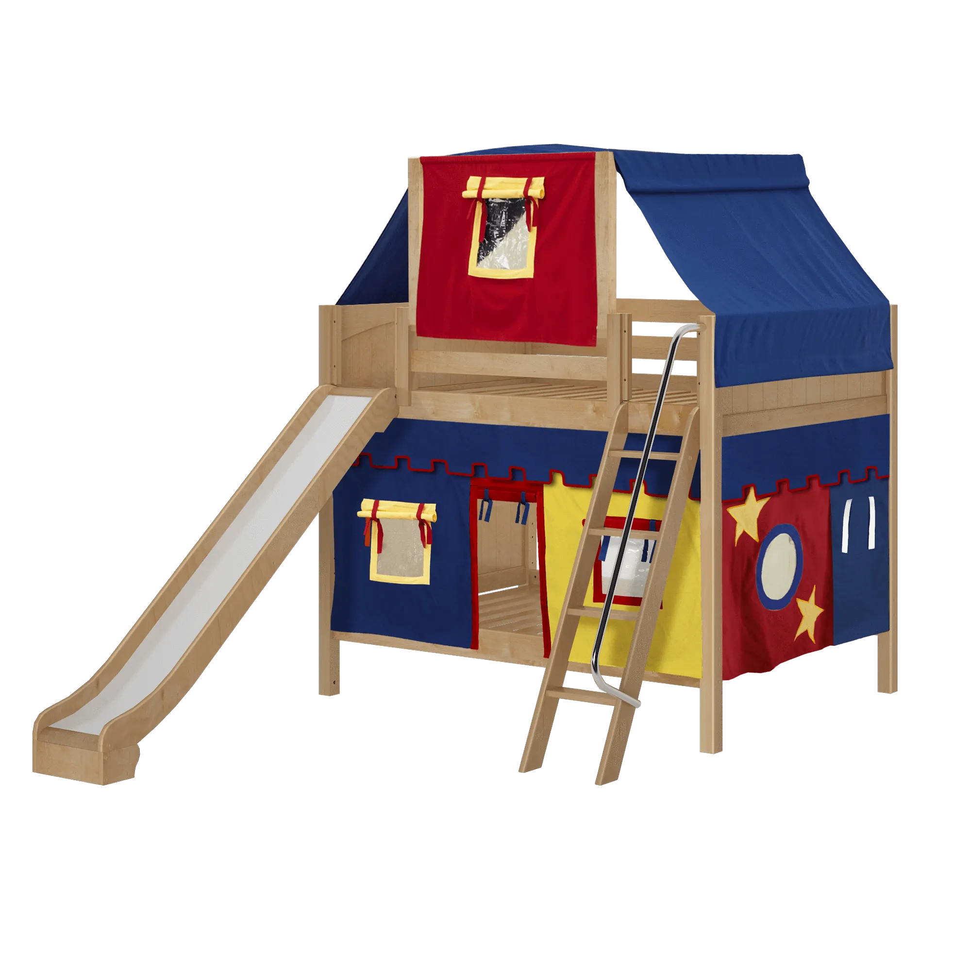 Maxtrix Full Medium Bunk Bed with Angled Ladder, Curtain, Top Tent   Slide