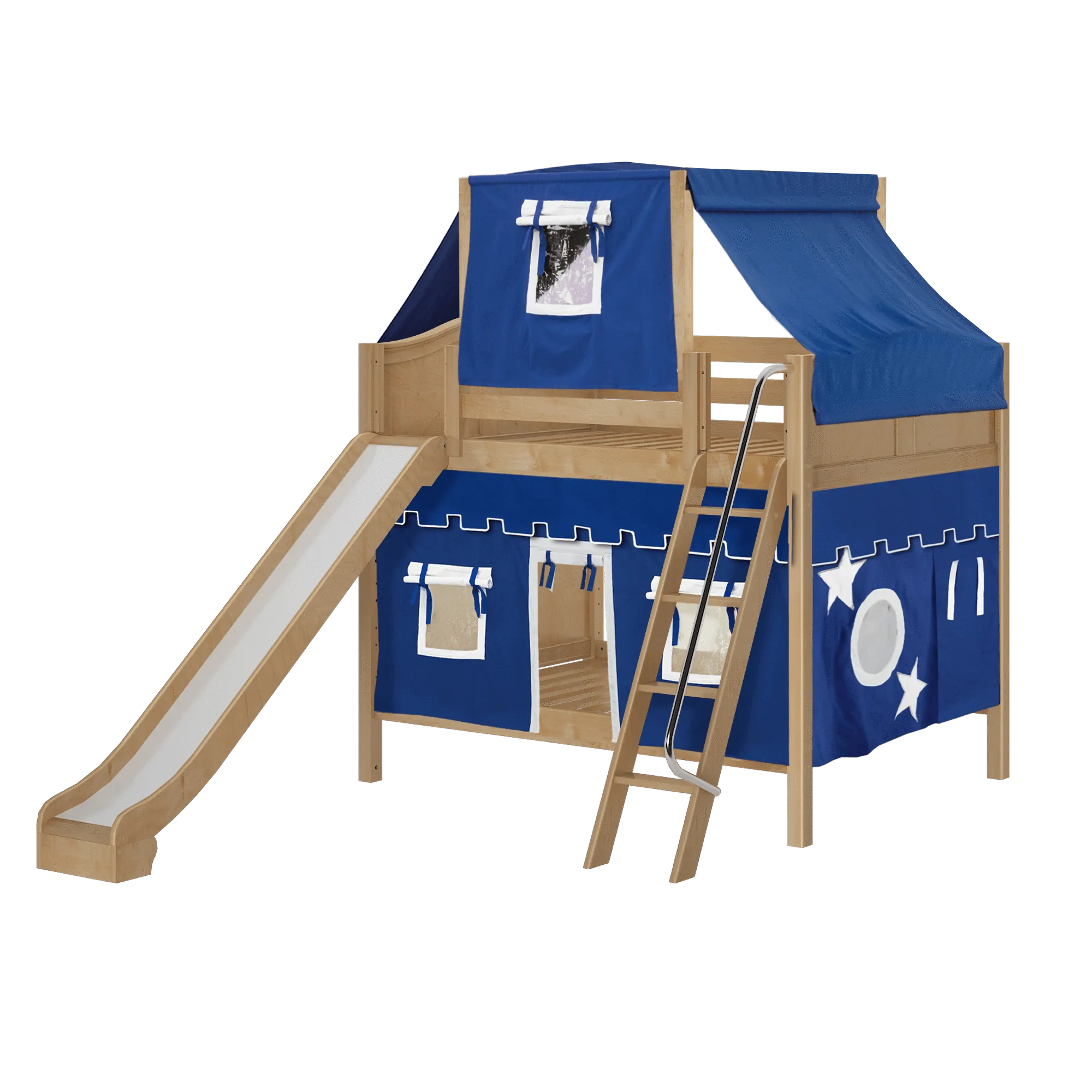 Maxtrix Full Medium Bunk Bed with Angled Ladder, Curtain, Top Tent   Slide