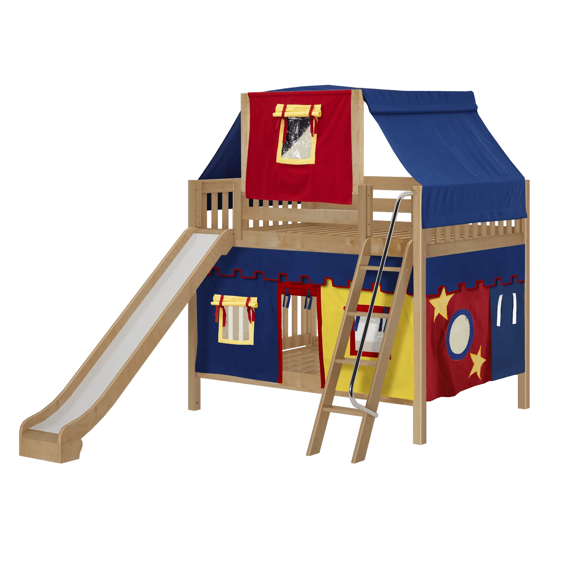 Maxtrix Full Medium Bunk Bed with Angled Ladder, Curtain, Top Tent   Slide