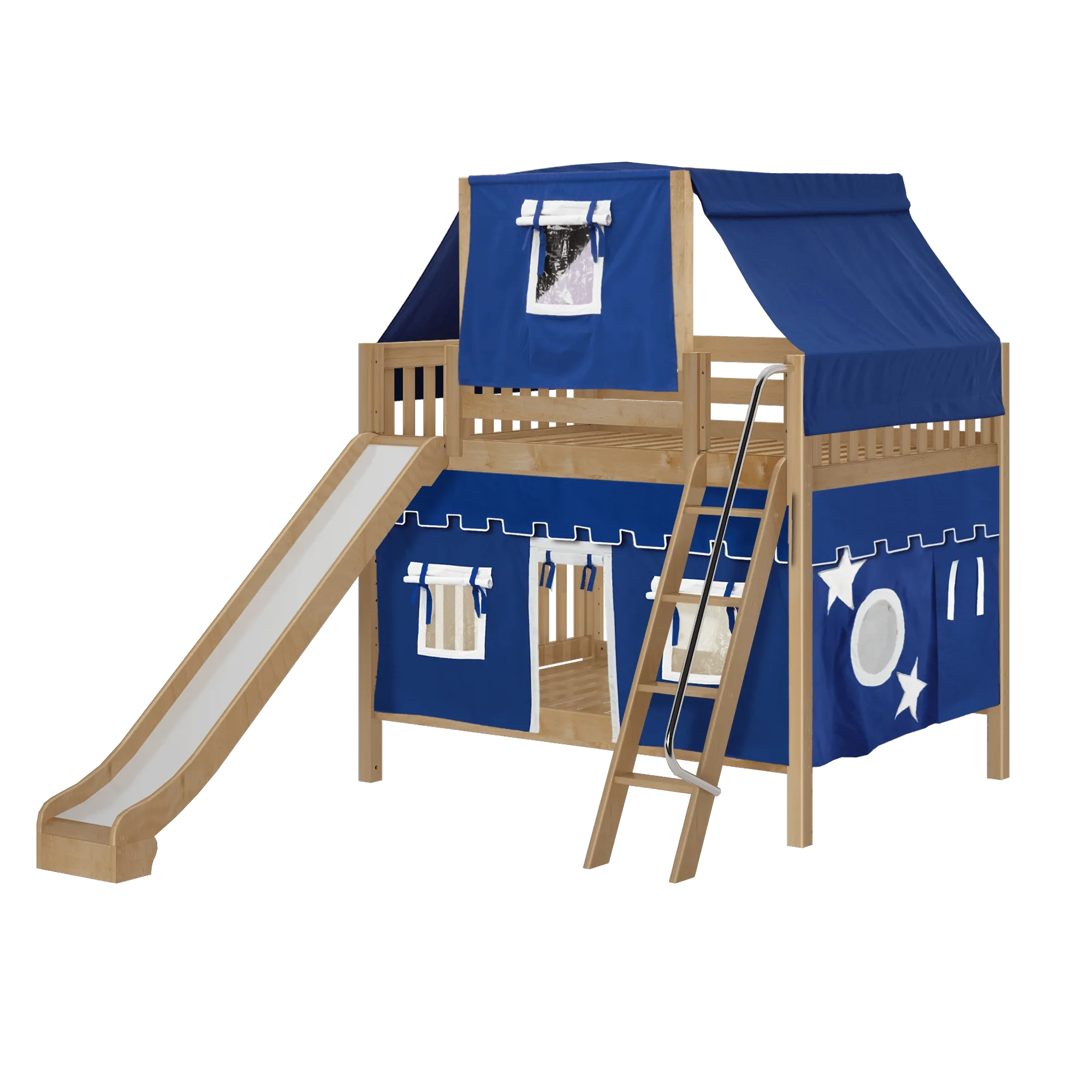 Maxtrix Full Medium Bunk Bed with Angled Ladder, Curtain, Top Tent   Slide