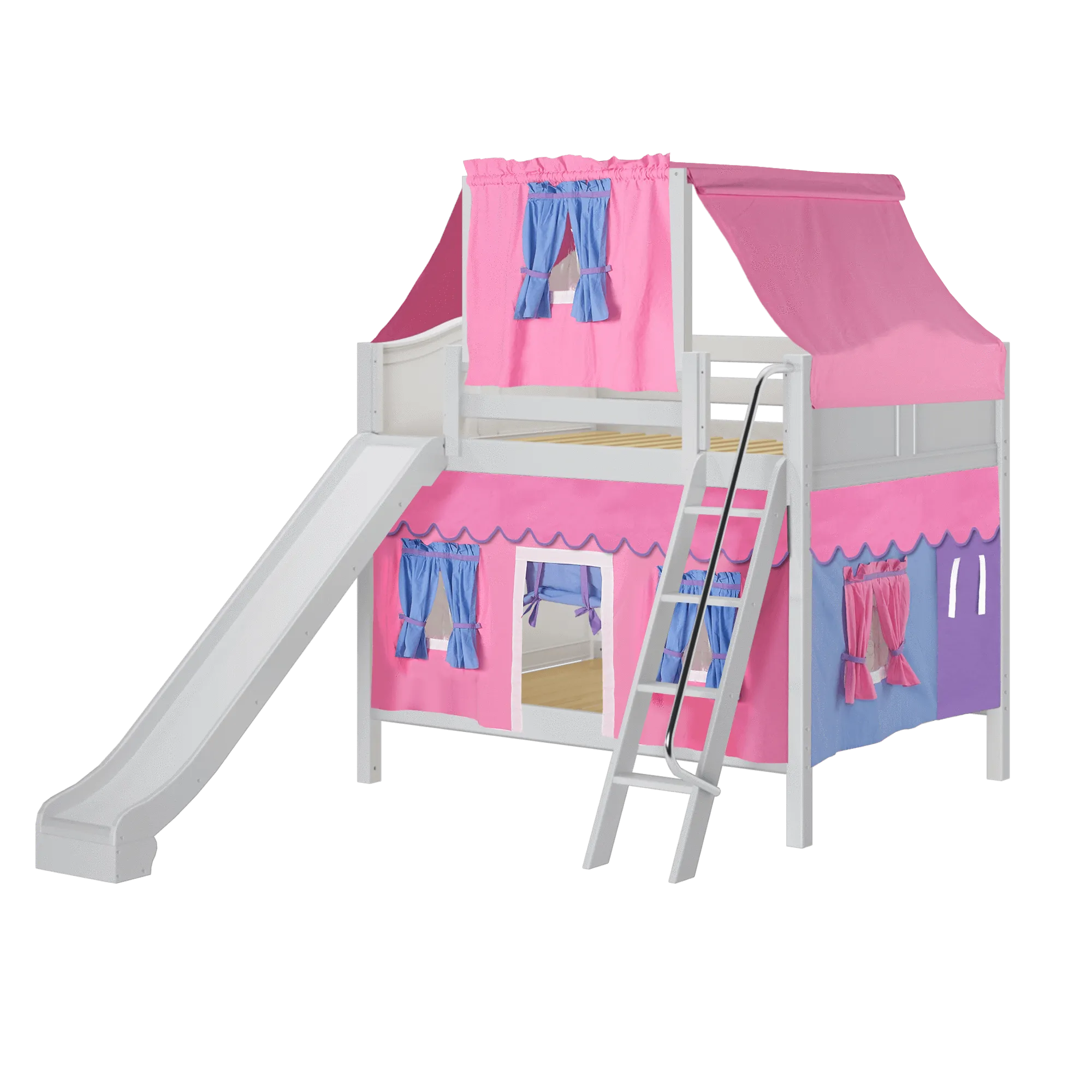 Maxtrix Full Medium Bunk Bed with Angled Ladder, Curtain, Top Tent   Slide
