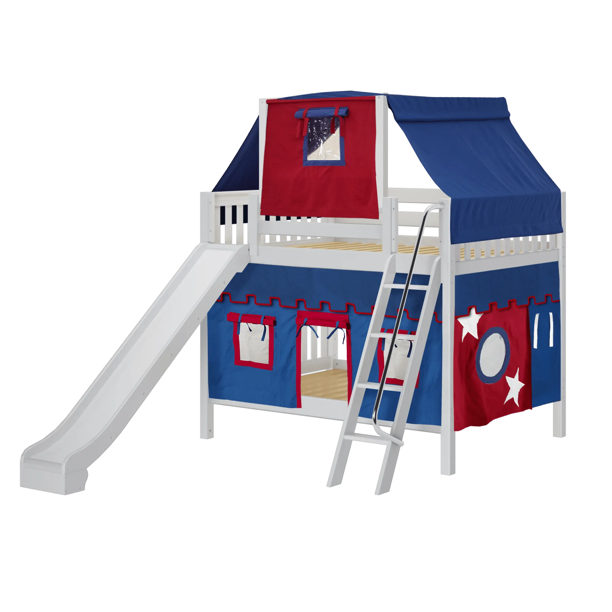 Maxtrix Full Medium Bunk Bed with Angled Ladder, Curtain, Top Tent   Slide