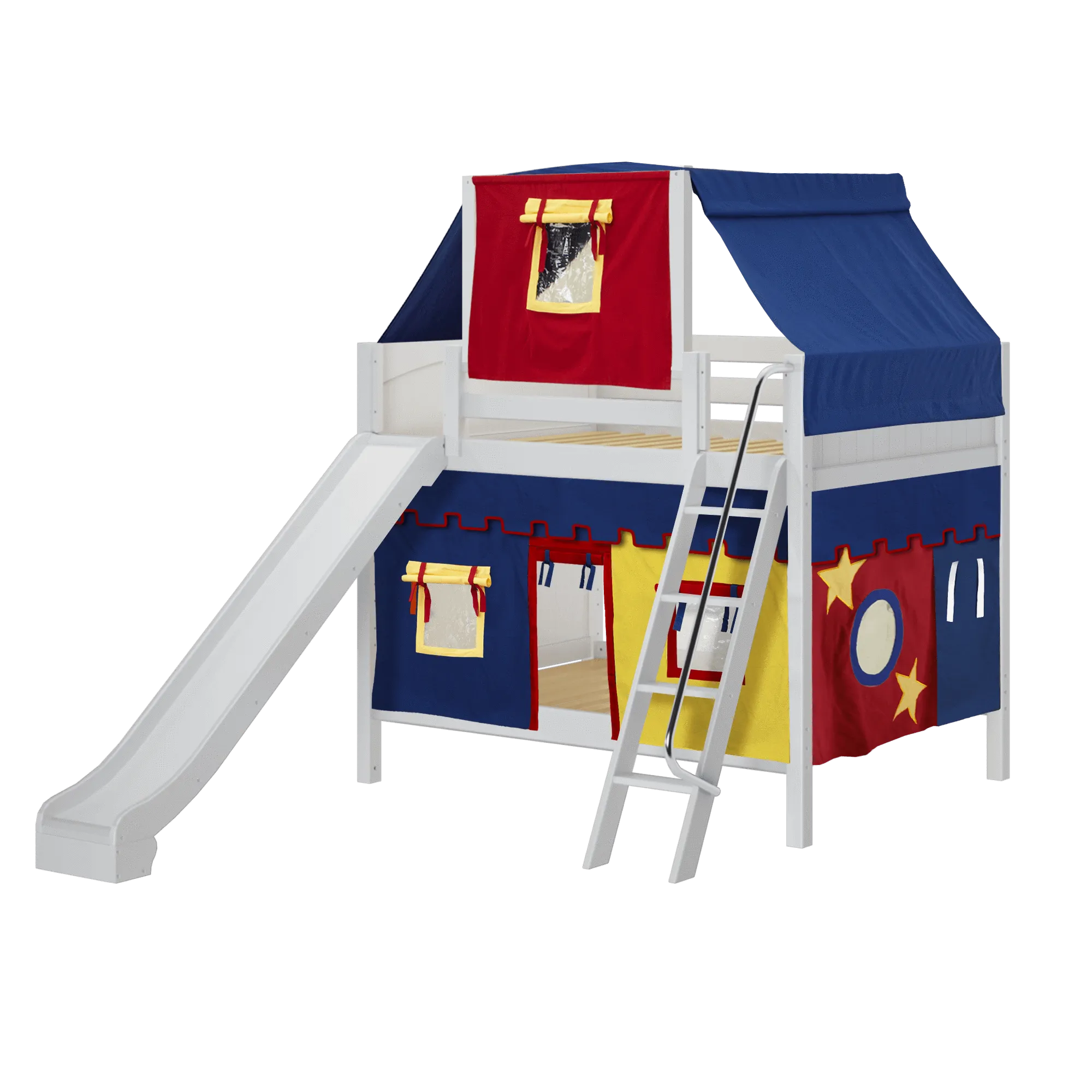Maxtrix Full Medium Bunk Bed with Angled Ladder, Curtain, Top Tent   Slide