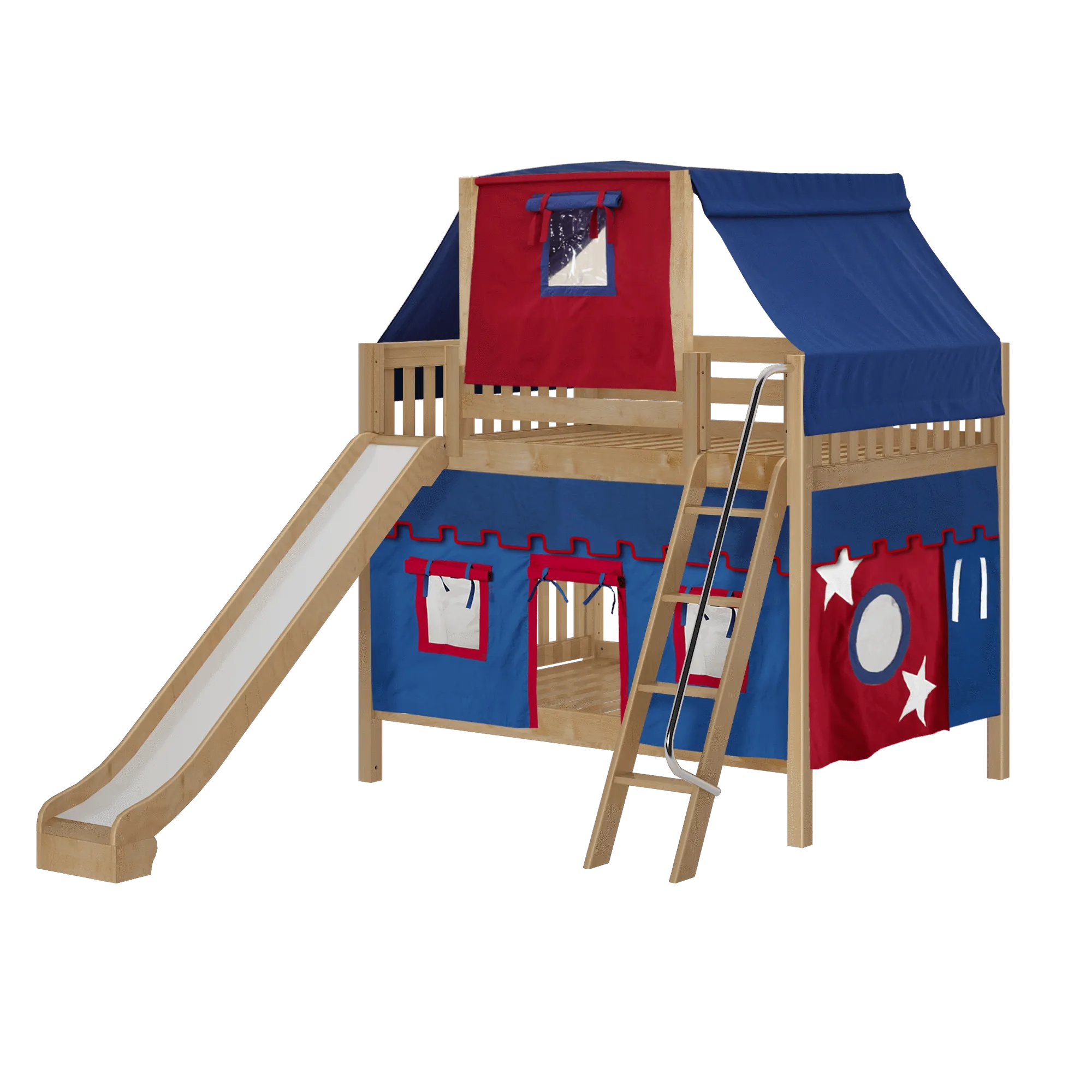 Maxtrix Full Medium Bunk Bed with Angled Ladder, Curtain, Top Tent   Slide