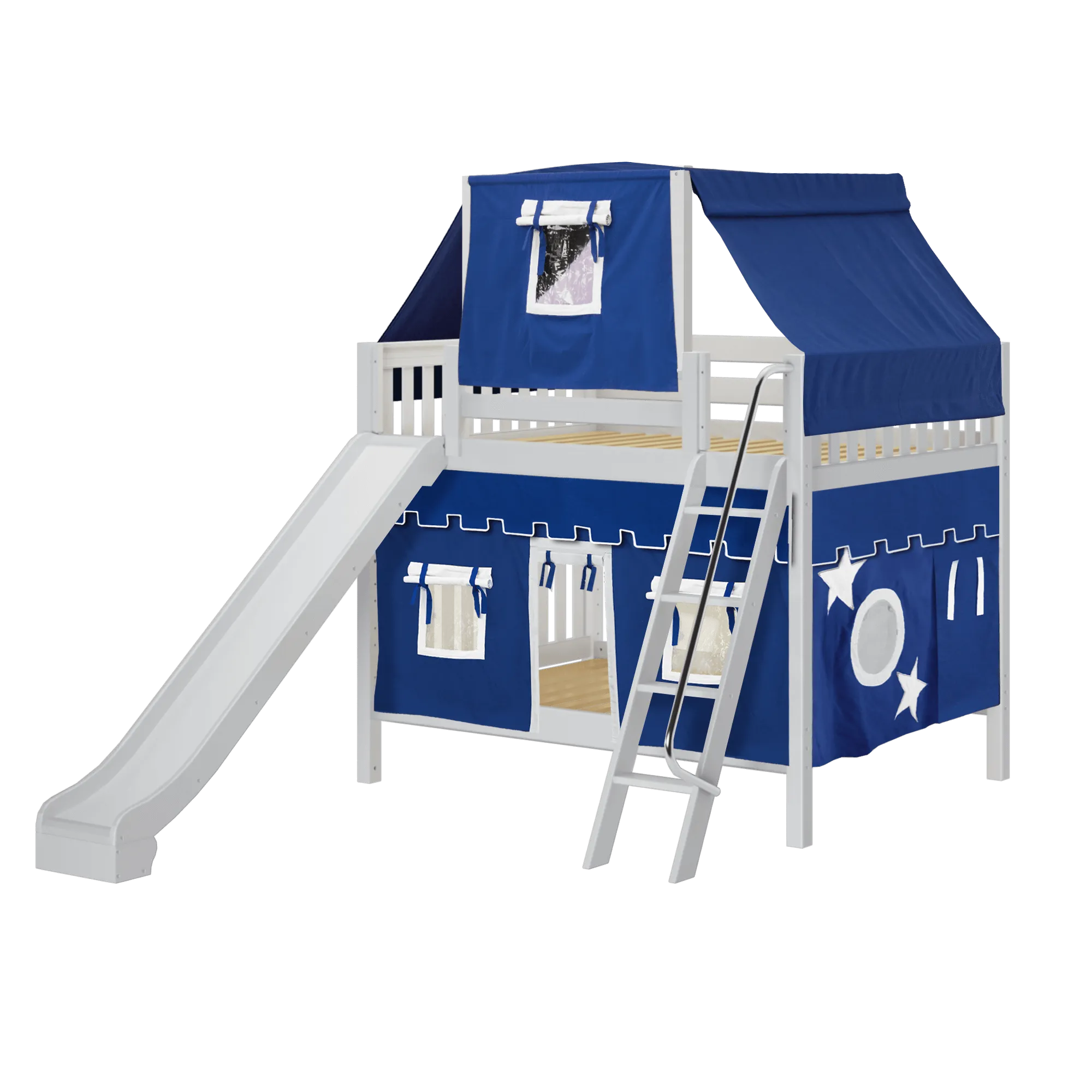 Maxtrix Full Medium Bunk Bed with Angled Ladder, Curtain, Top Tent   Slide