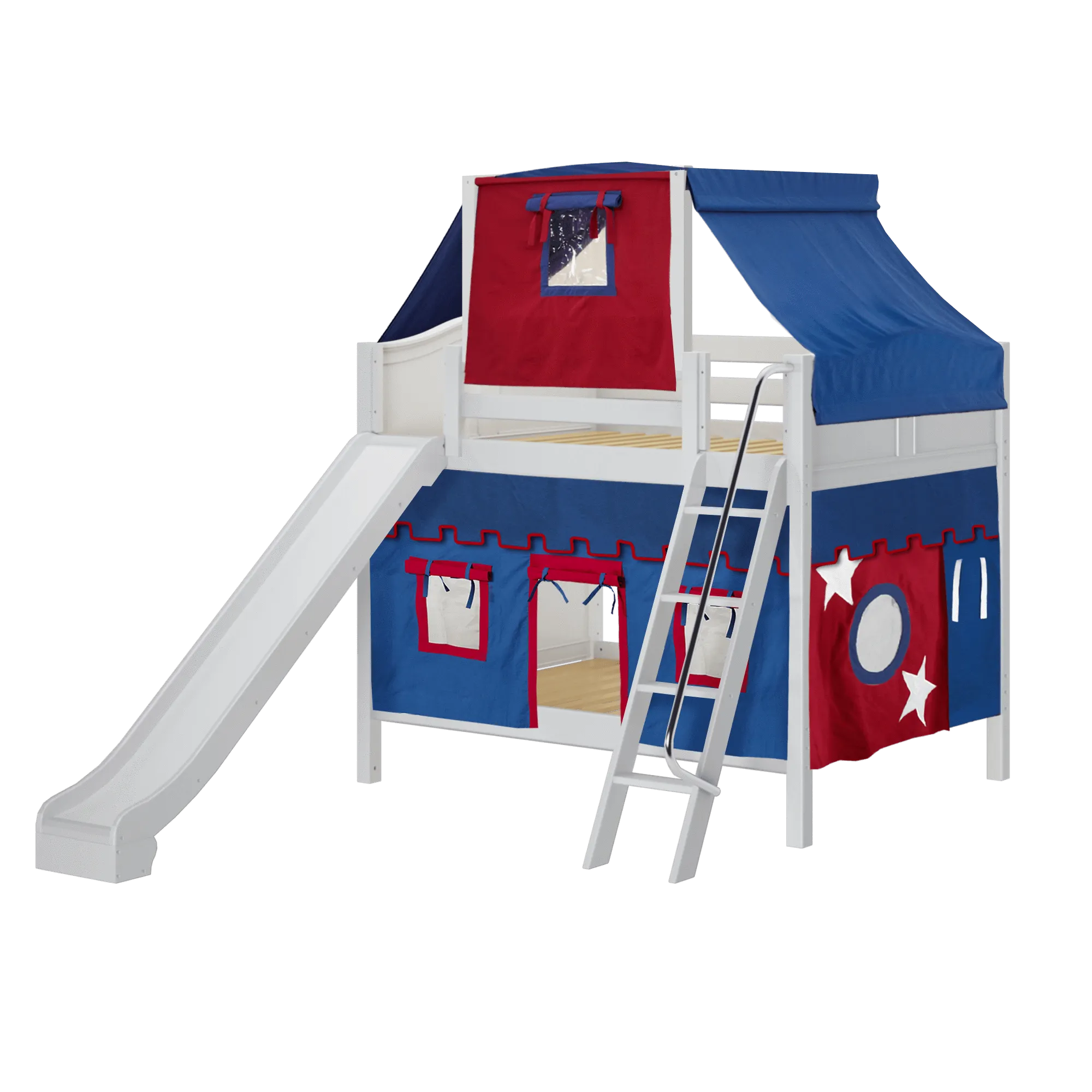 Maxtrix Full Medium Bunk Bed with Angled Ladder, Curtain, Top Tent   Slide