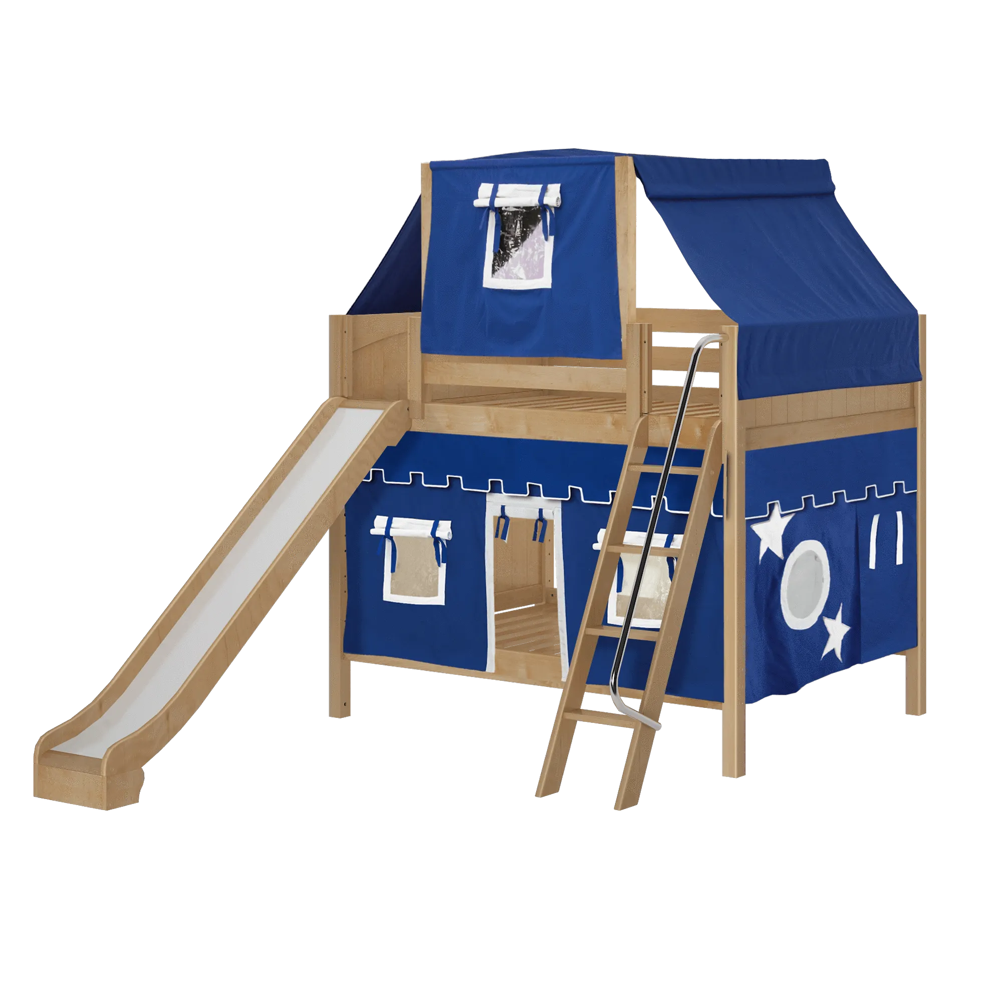 Maxtrix Full Medium Bunk Bed with Angled Ladder, Curtain, Top Tent   Slide