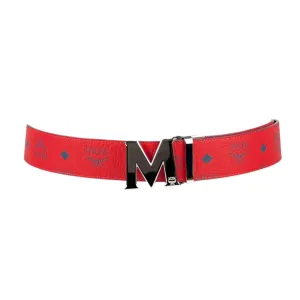 MCM Mens Claus Silver M Buckle Candy Red Leather Reversible Belt Customizable