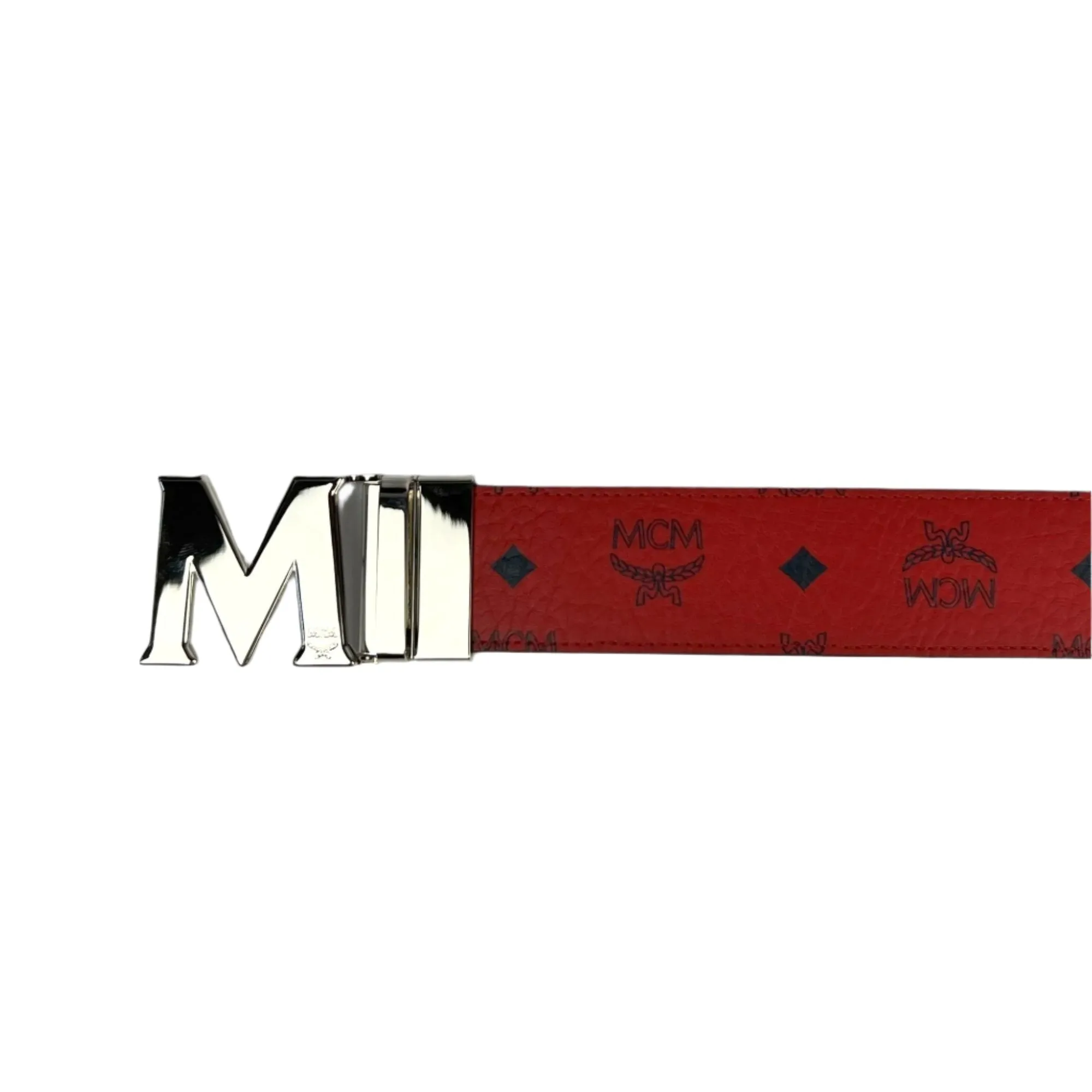 MCM Mens Claus Silver M Buckle Candy Red Leather Reversible Belt Customizable