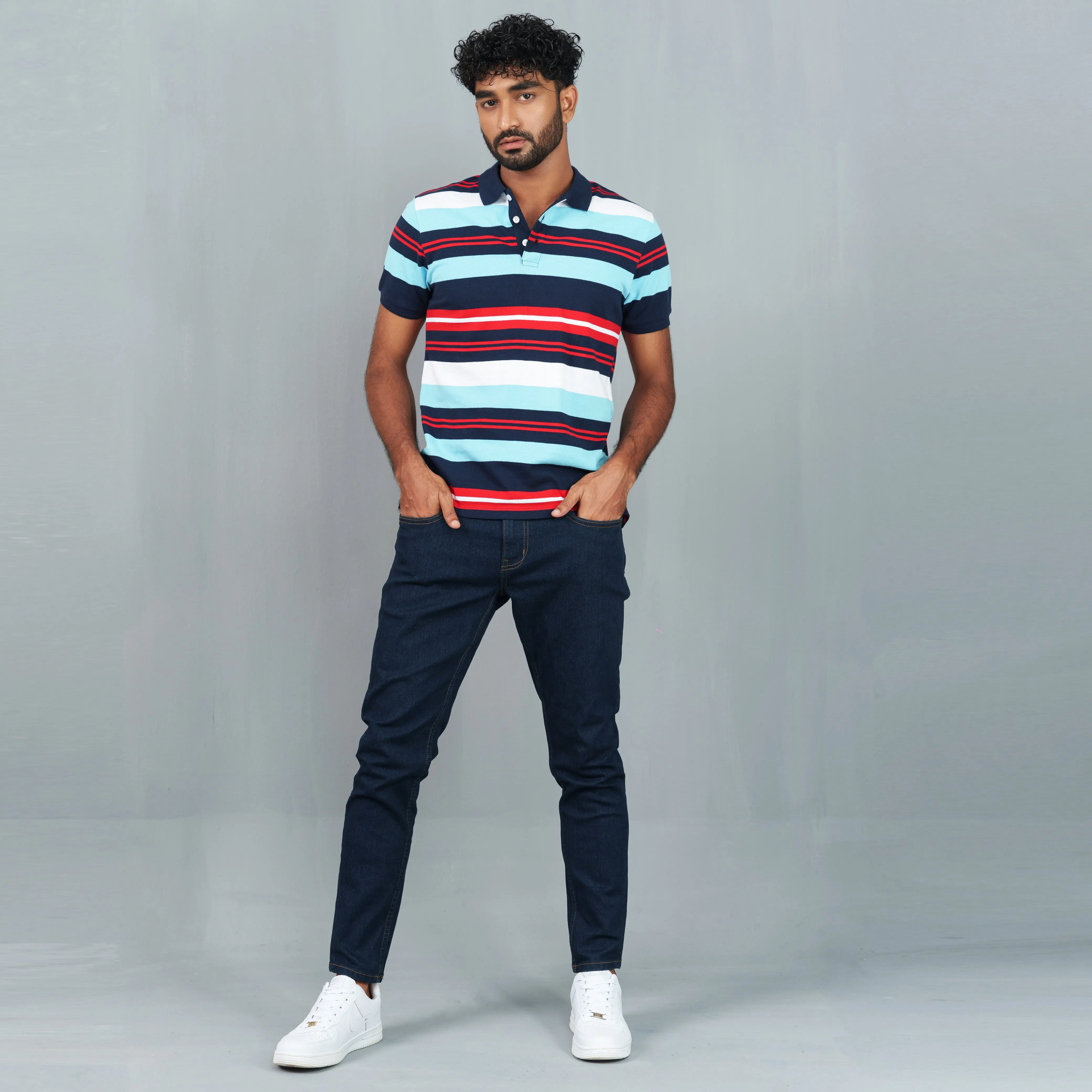 Mens Sky-Blue Striped Polo