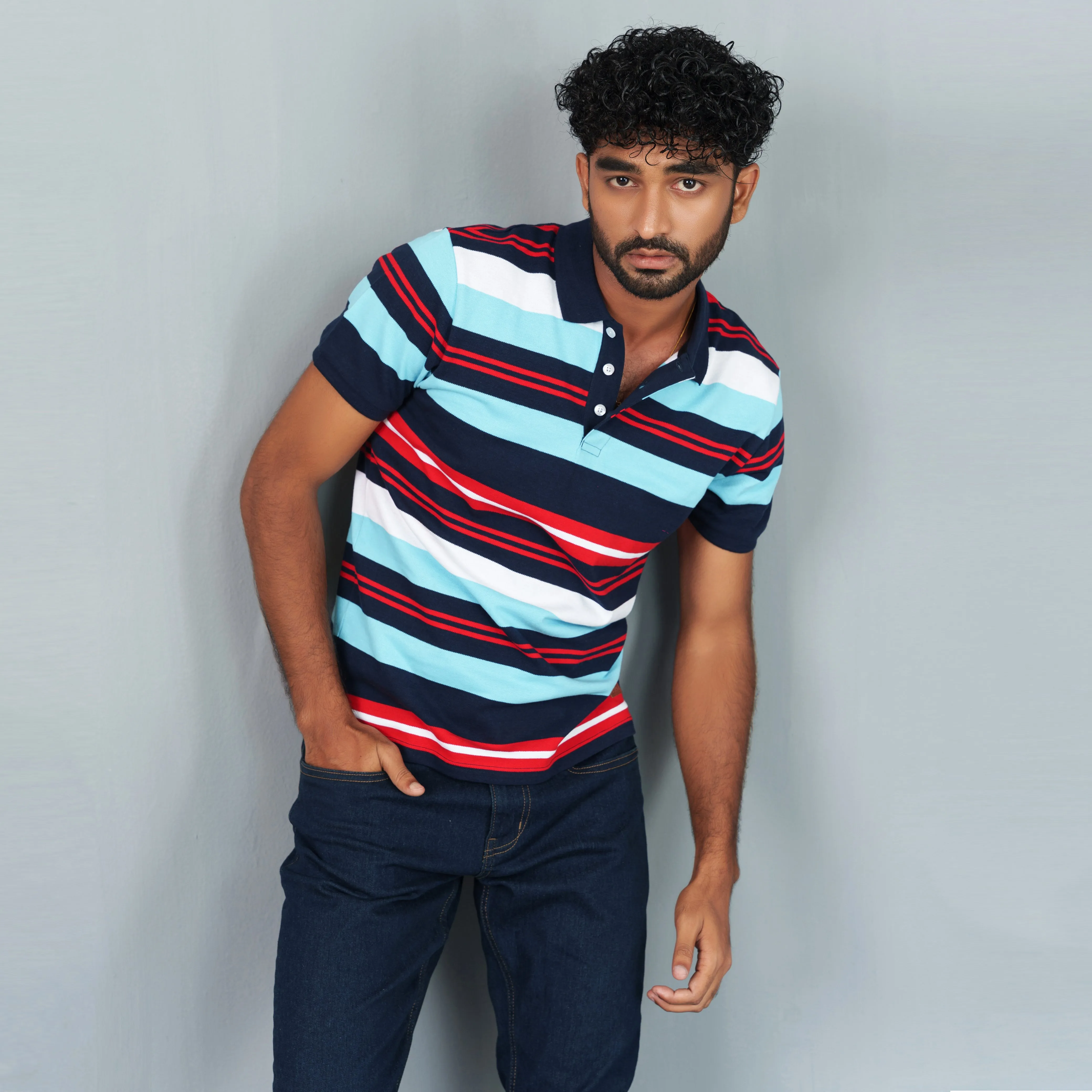 Mens Sky-Blue Striped Polo