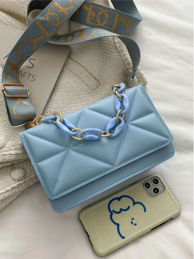 Minimalist Embossed Chain Satchel Bag - Blue
