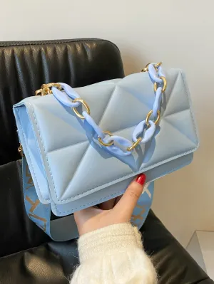 Minimalist Embossed Chain Satchel Bag - Blue