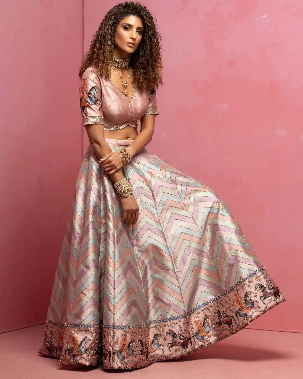 Multicolor Printed And Embroidered Lehenga Set