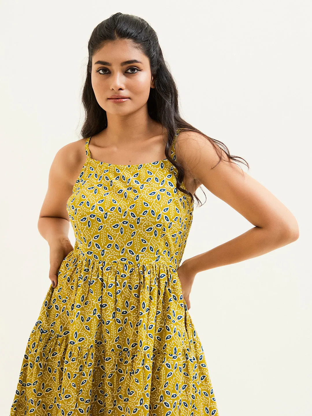Mustard Ethnic Printed Strappy Dress
