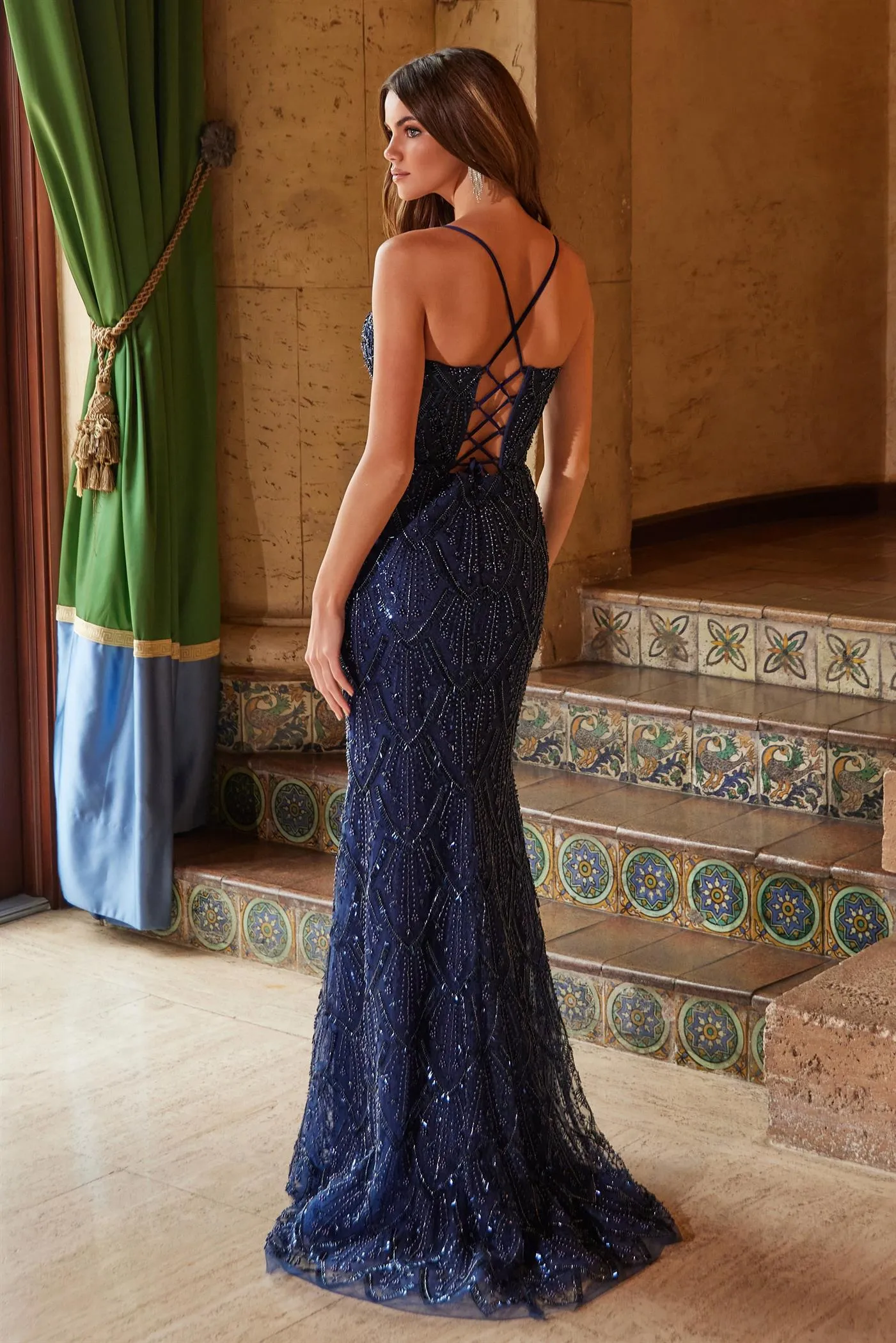 N C1616 - Bead Patterned Fit & Flare Prom Gown with V-Neck Leg Slit & Open Lace Up Back
